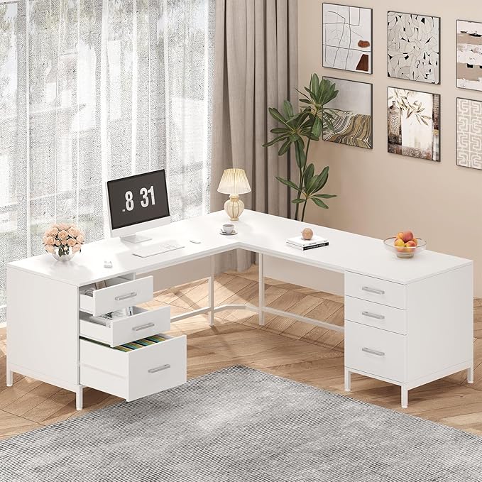 L-Shaped Corner Desk with 6 Drawers