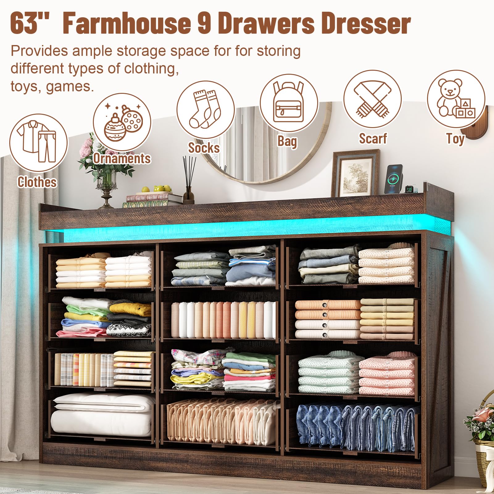 Farmhouse 12-Drawer Dresser with LED Light & Power Outlets