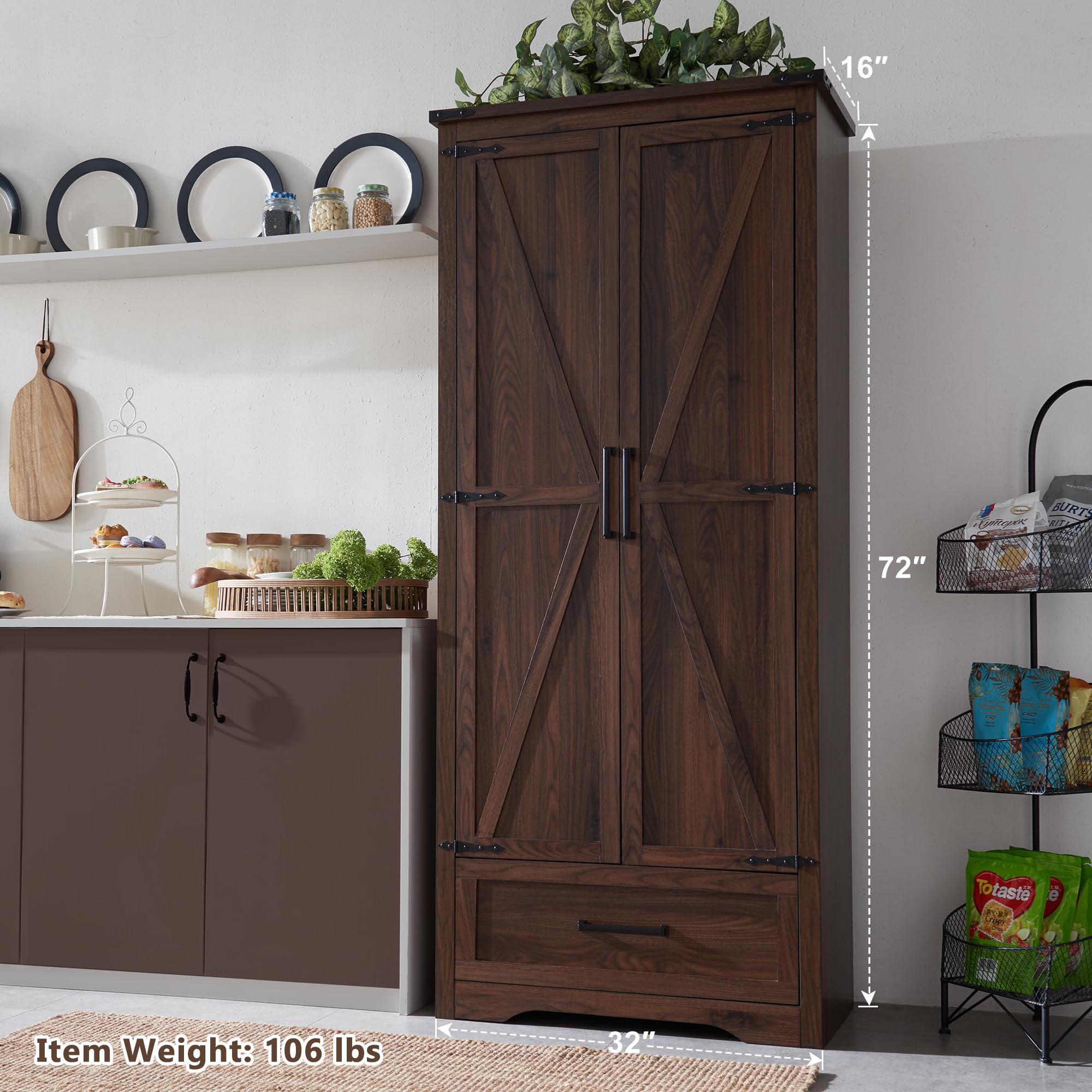 XIASLO 72" Tall Wood Storage Cabinet, Farmhouse Kitchen Pantry Cabinet with Adjustable Shelves & Drawer & Barn Doors, Versatile Storage for Kitchen, Dining Room, Bathroom, Brown