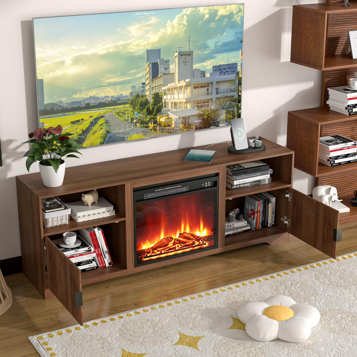 Fireplace TV Stand for Tvs up to 80" with Adjustable Shelf Charging Station