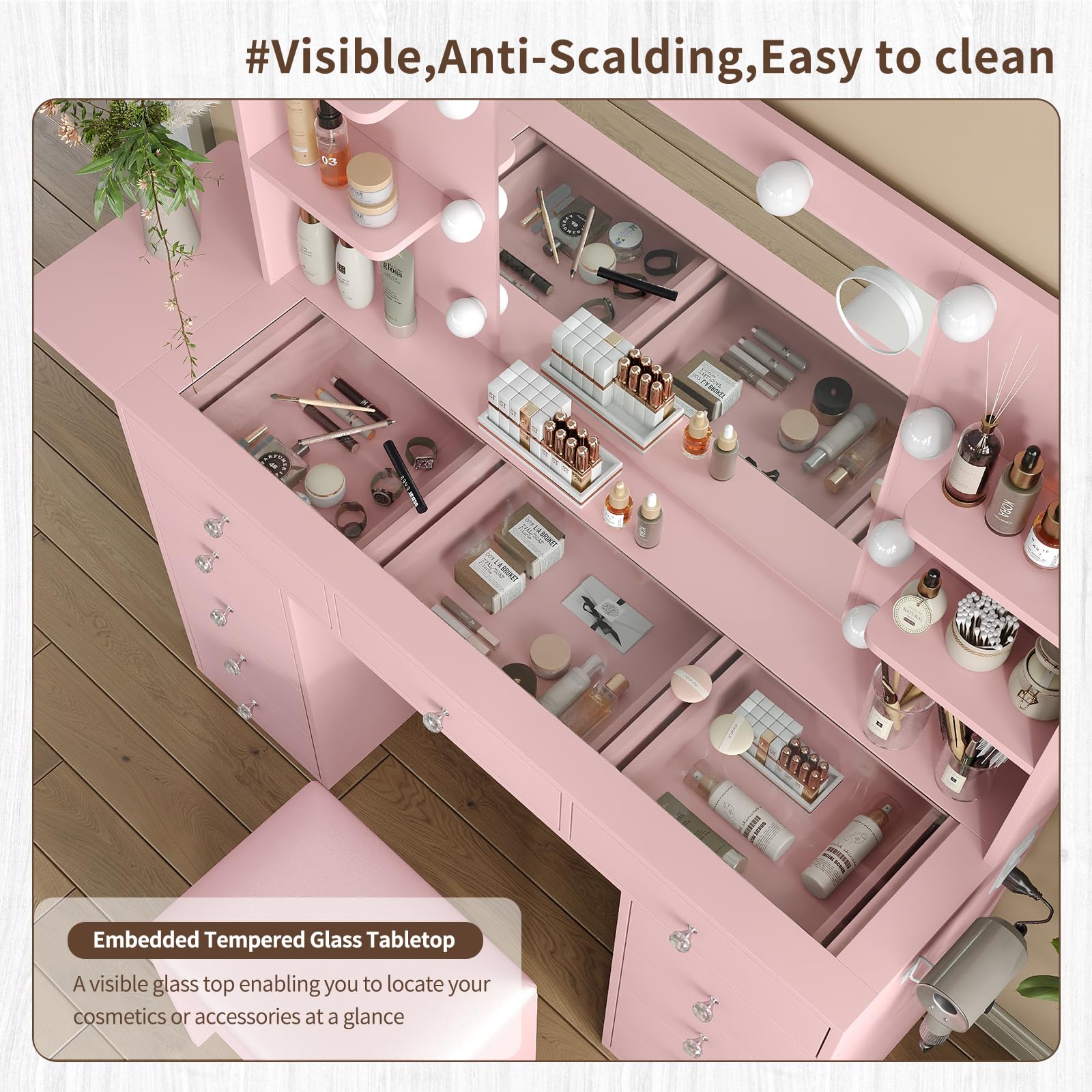 FUSOU Vanity Desk with Power Outlet, 11 Drawers Makeup Vanity with Lighted Mirror, 3 Colors Adjustable, Glass Top Vanity with Chair, 4 Shelves and Fold-up Panel, Dressing Table for Bedroom, Pink