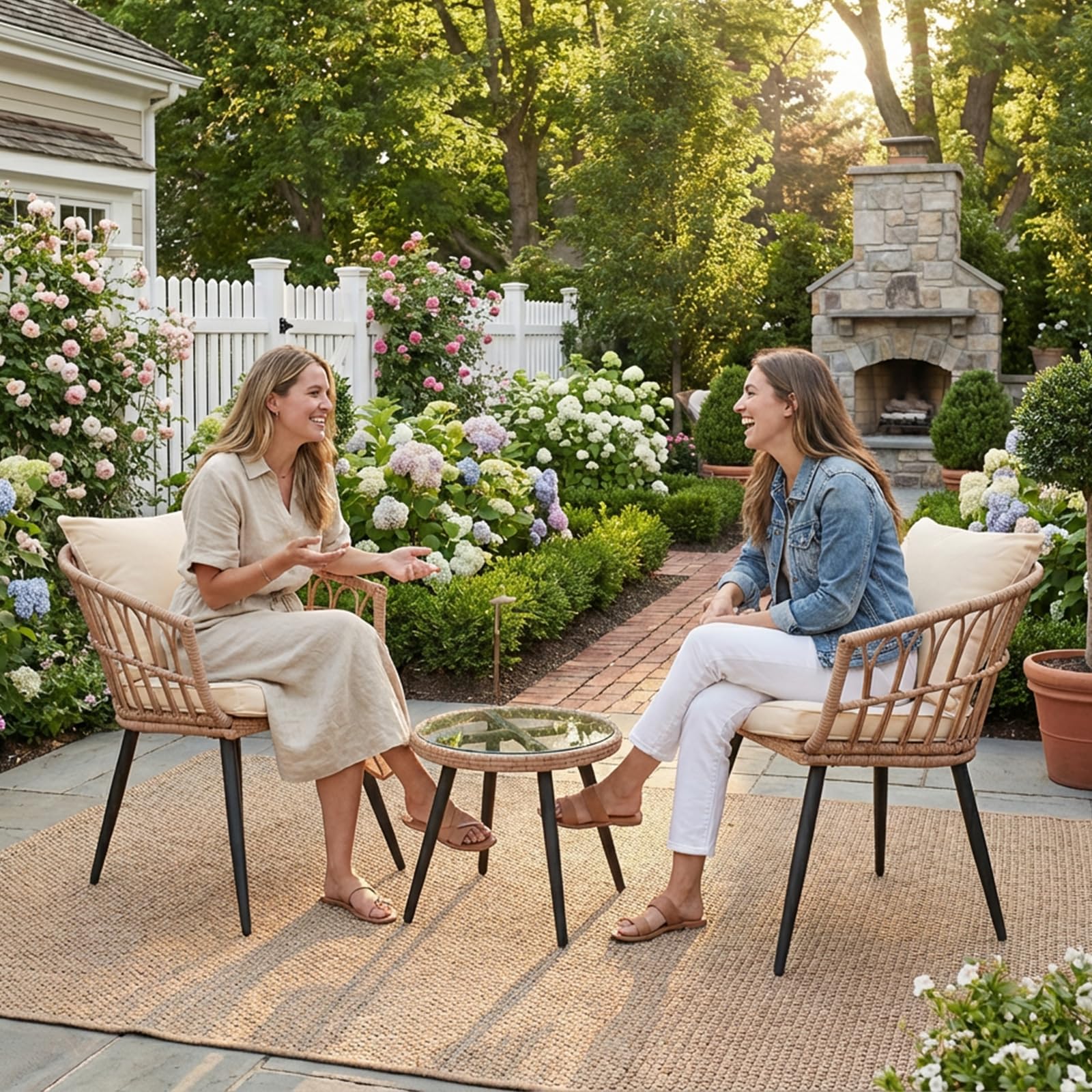 3 Piece Patio Bistro Set, Outdoor Wicker Apartment Balcony Furniture Set, All-Weather Rattan Patio Conversation Set for Backyard, Balcony and Porch with Soft Cushions, Tempered Glass Side Table(Beige)