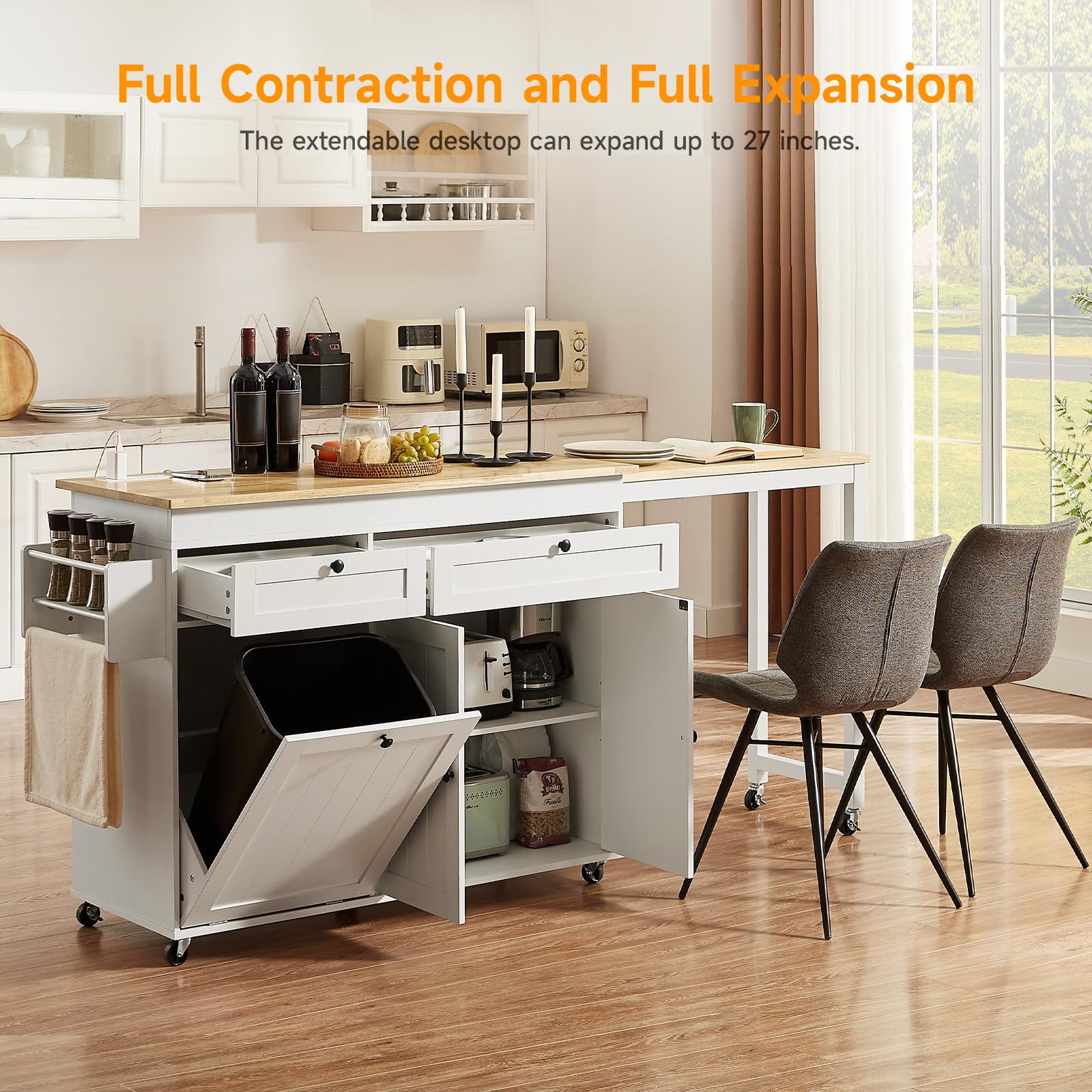 ONBRILL Kitchen Islands with Extendable Dining Table, 81.7" Mobile Kitchen Storage Islands, Rolling Kitchen Cart with Trash Cabinet, Power Outlet, Spice Rack & Towel Rack, White