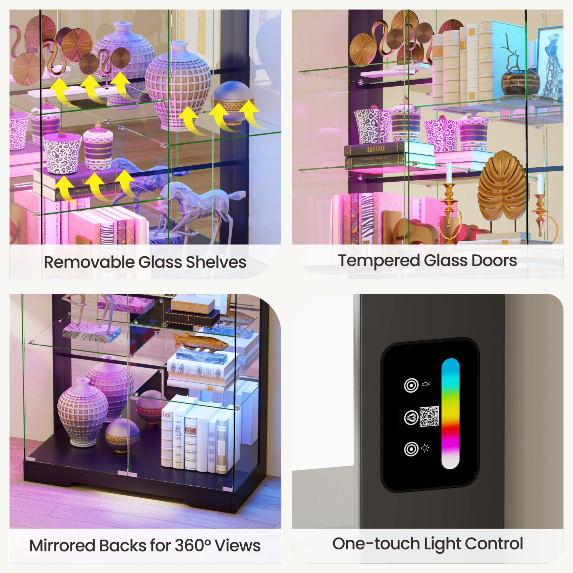 Glass Display Cabinet with RGB Lighting, 10 Compartments