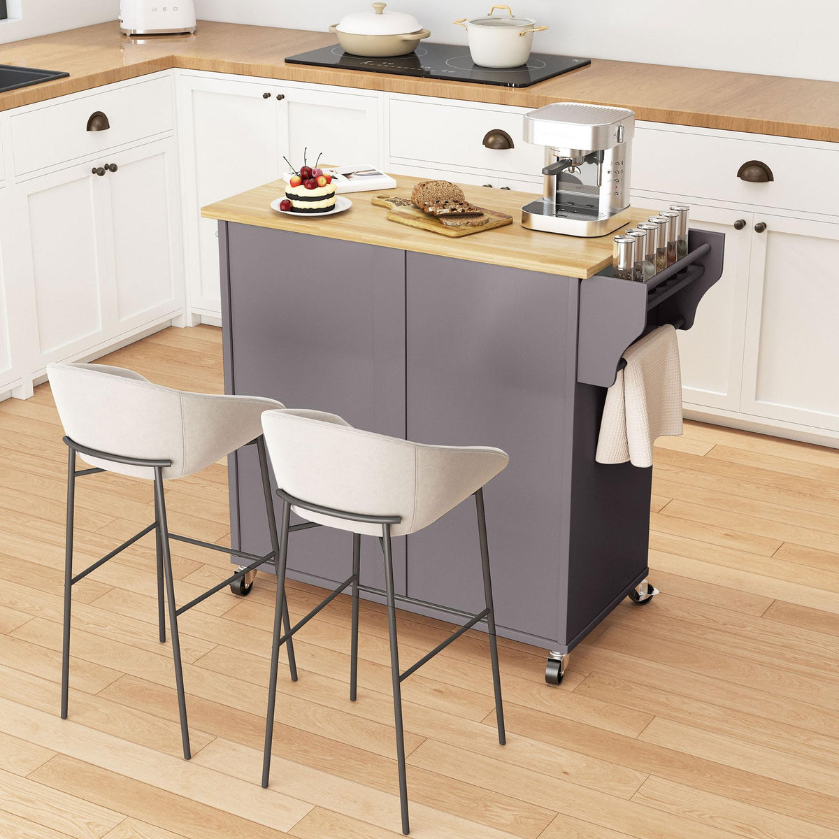 Pingliang Rolling Kitchen Island with Storage, 34.7'' Solid Wood Top, Grey