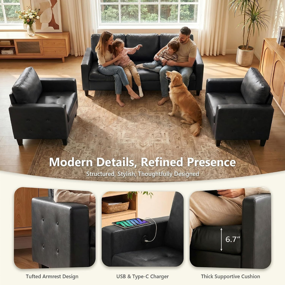 Black Faux Leather Sofa and Chair Set