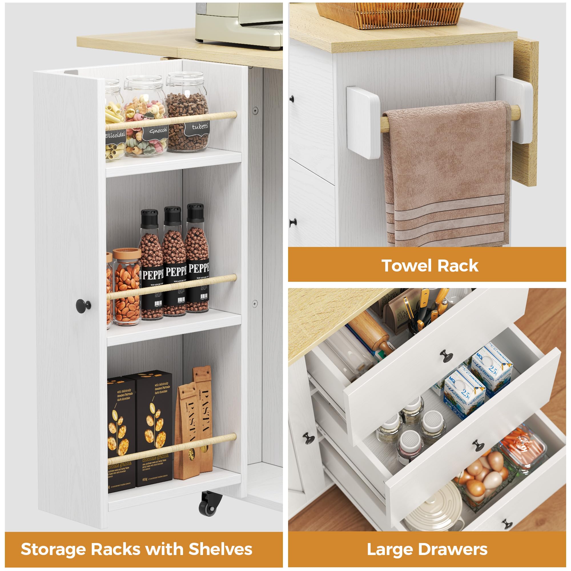 Rolling Kitchen Island with Drop Leaf & Storage
