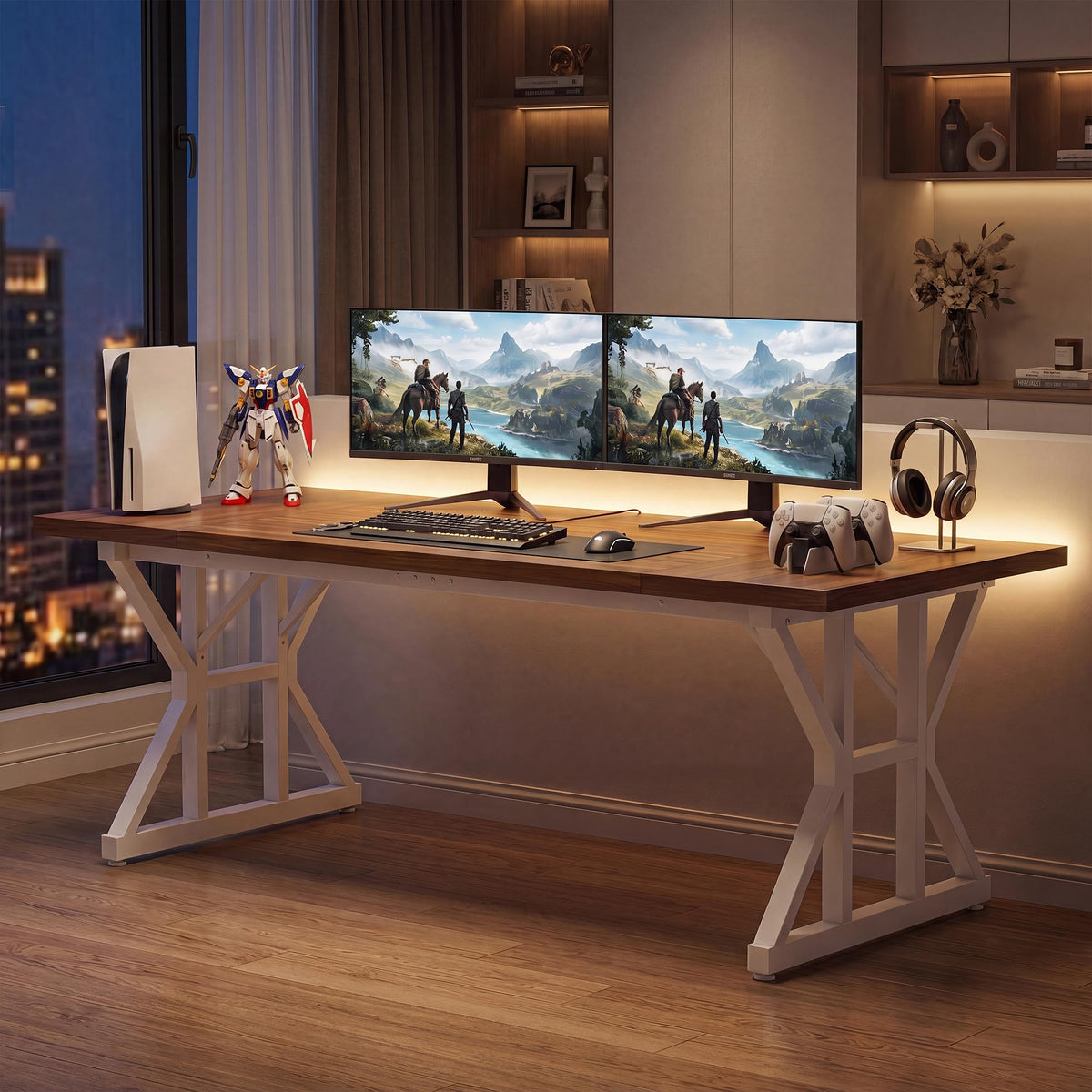 YOUDENOVA 71 Inch Executive Desk, Large Computer Office Desk Workstation with Thick Desktop & Heavy Duty Metal Legs, Modern Industrial Writing Study Table for Home Office (Deep Brown/White)