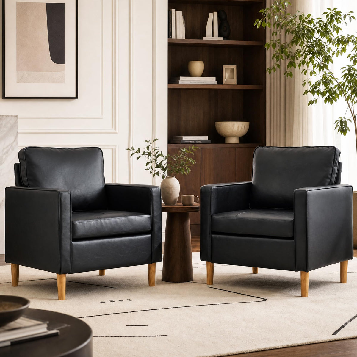 Leather Accent Chairs Set of 2, Mid-Century Modern Chairs for Living Room