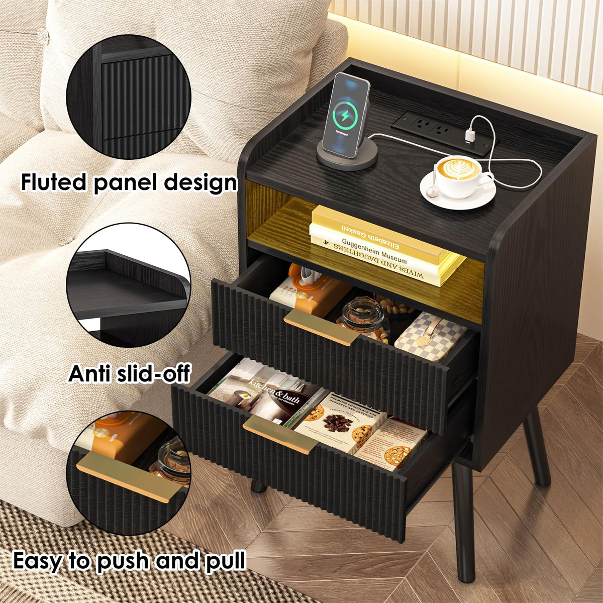 Fixwal Black Nightstand with Charging Station, 2 Fluted Wood Drawers