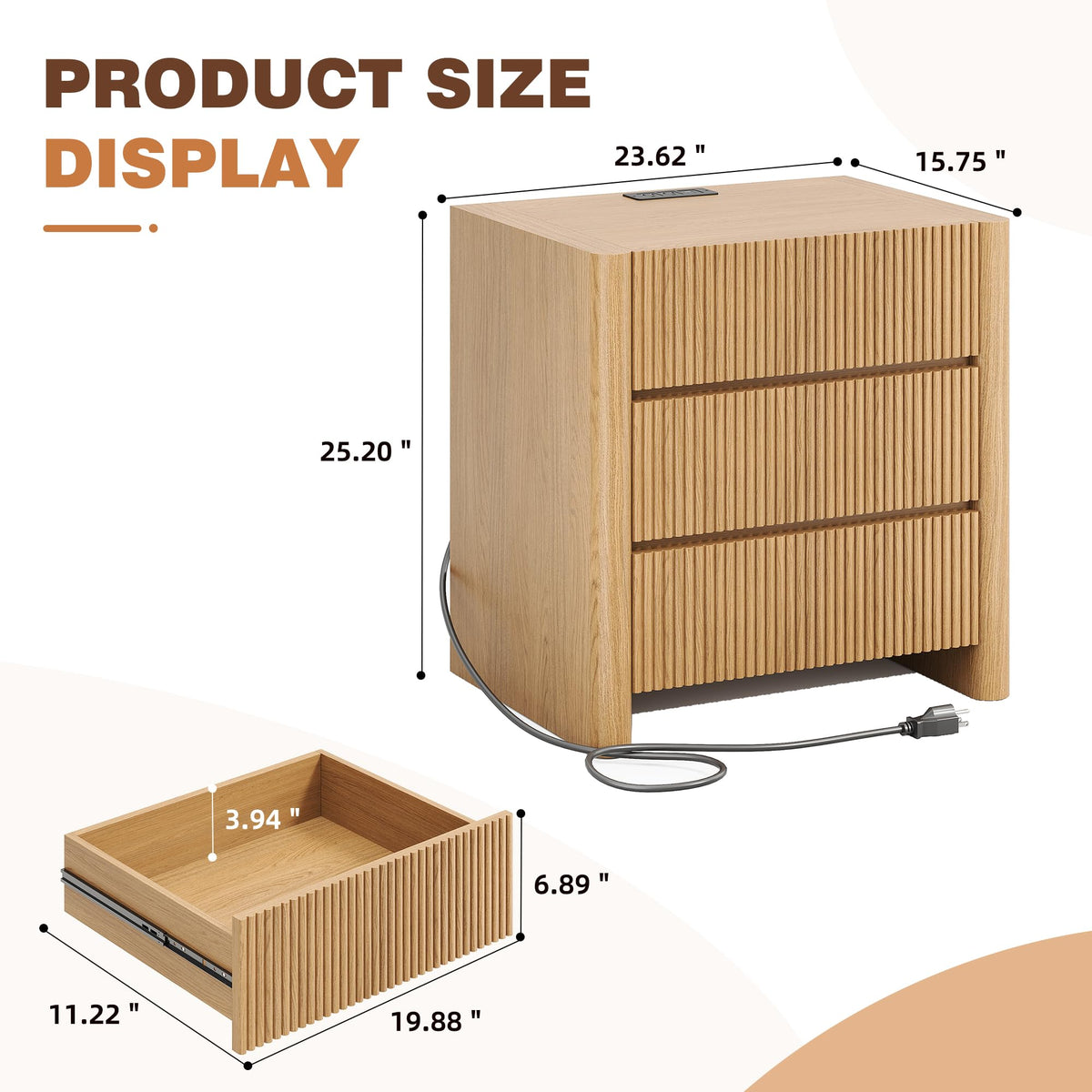 Apicizon 23.6'' Wide Fluted Nightstand with Charging Station, Natural