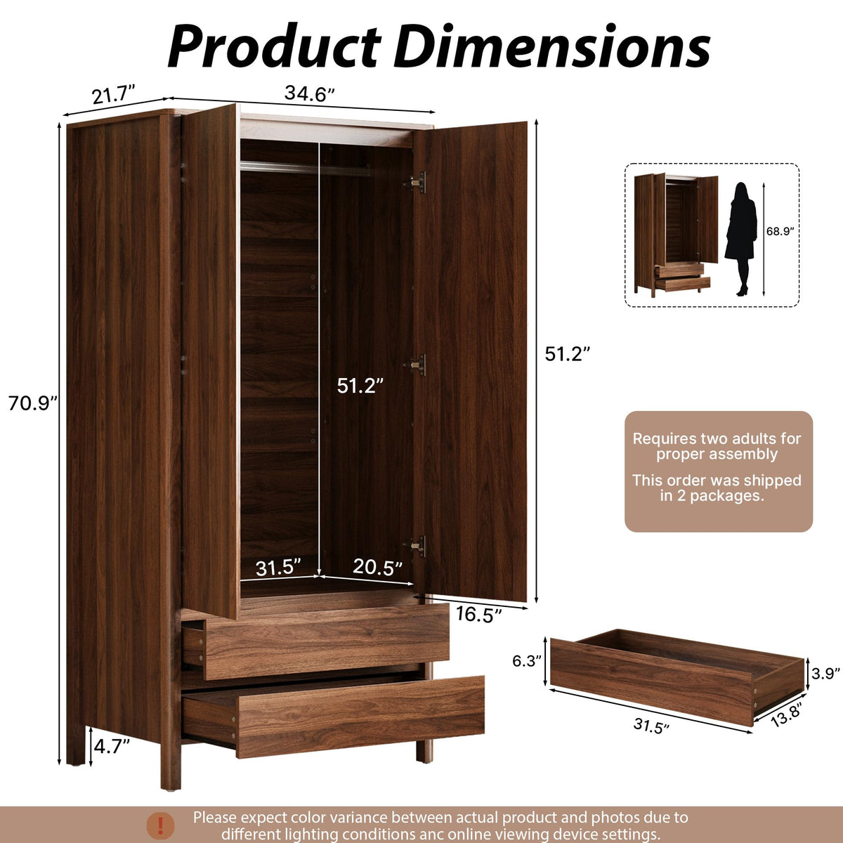Walnut Wardrobe with 2 Drawers