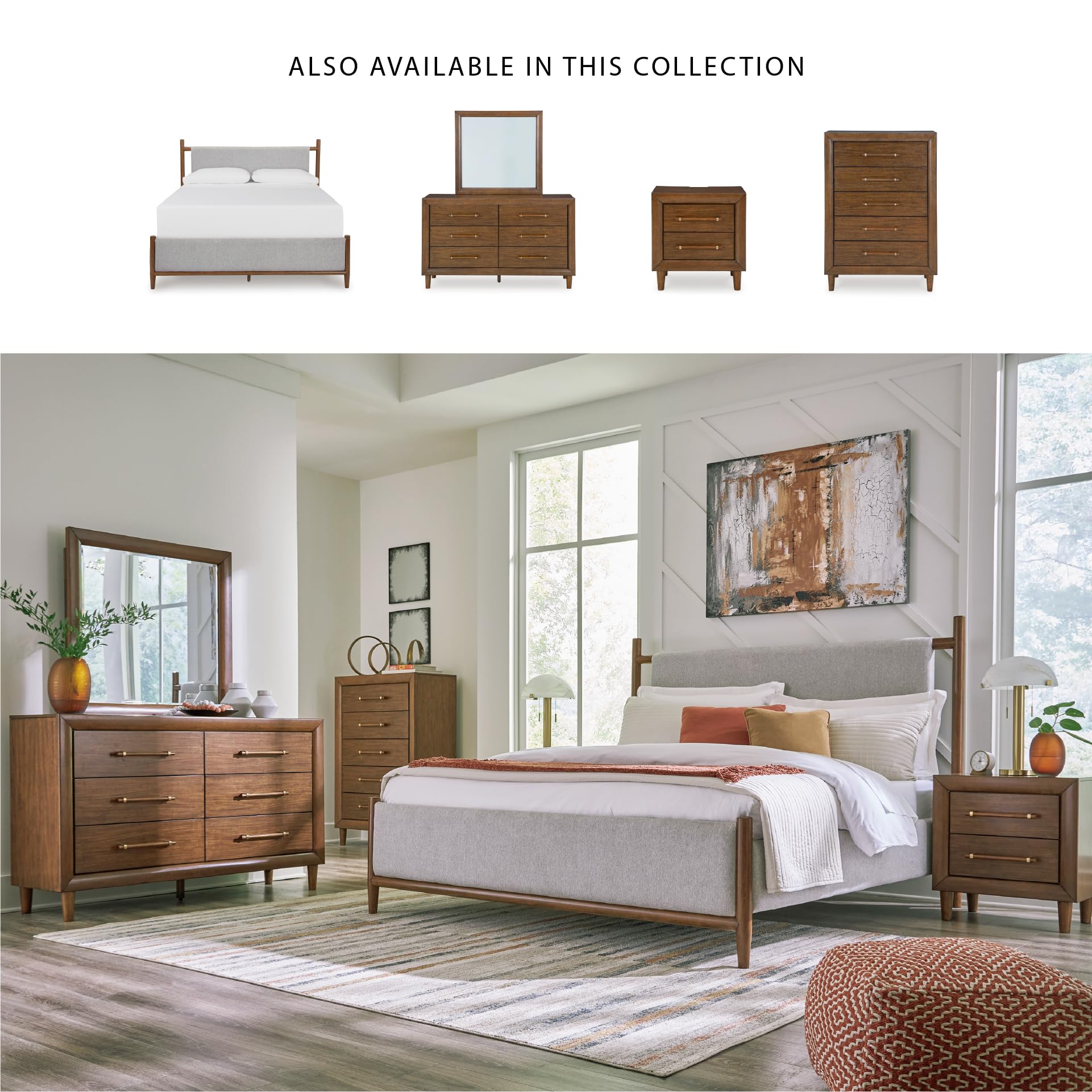 Signature Design by Ashley Lyncott Six-Drawer Dresser, Felt Lined Top Drawers, Round Tapered Legs, Hardwood Solids, 61.25' W x 17.88' D x 37.5' H, Brown