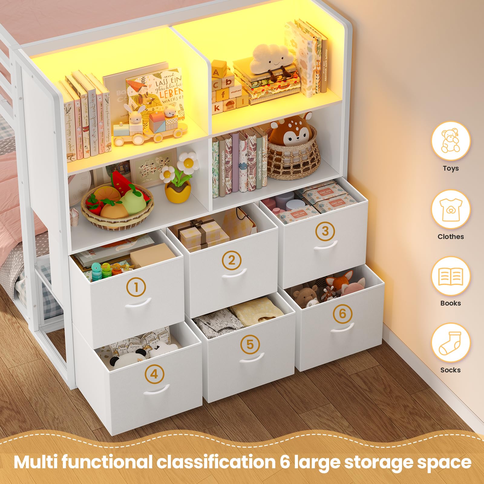 Twin Over Twin Bunk Bed with Storage & LED Lights