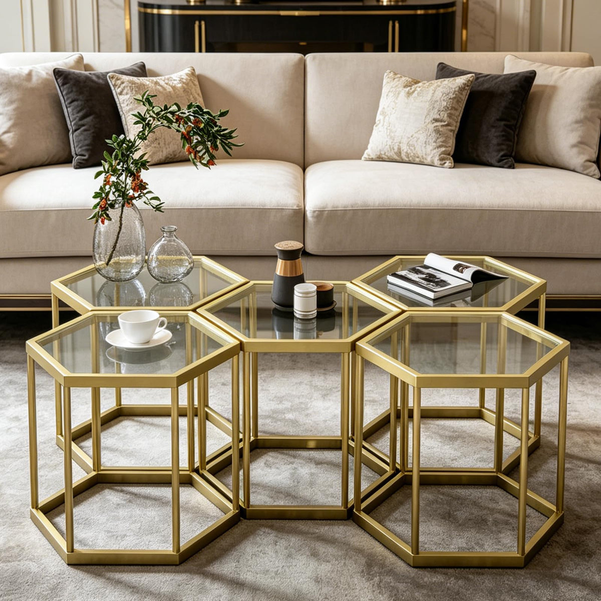 Gold Hexagonal Glass Coffee Table
