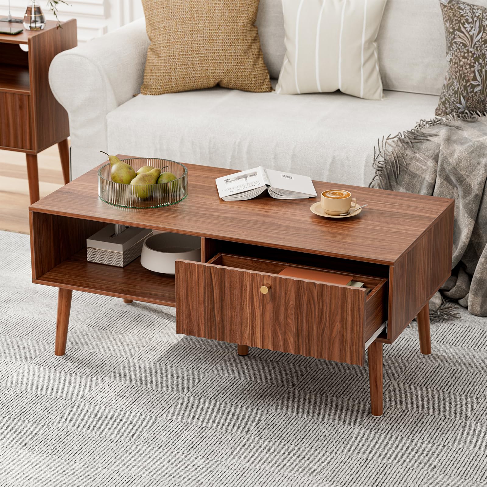 LCRBOL Coffee Table with Storage, Mid Century Dining Table with Fluted Drawer and Solid Wood Legs, Small Coffee Tables for Living Room, Walnut