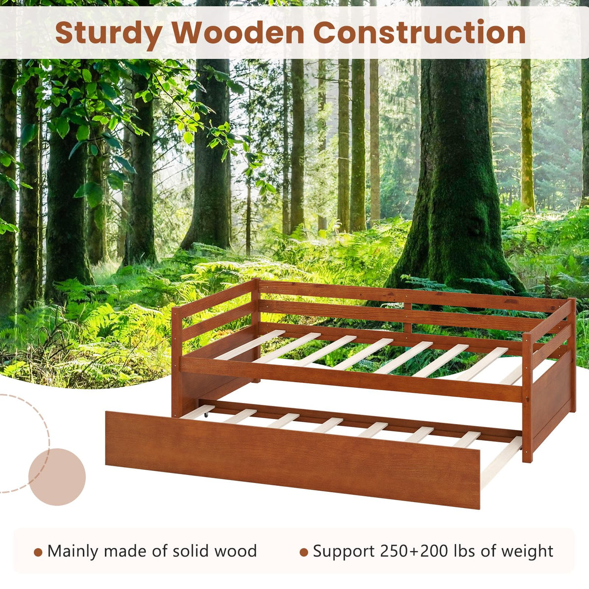 GIANTEX Twin Daybed with Trundle, Wood Trundle Bed with Wood Slat Support, Mid Century Day Bed Frame for Living Room Guest Room, No Box Spring Needed, Walnut