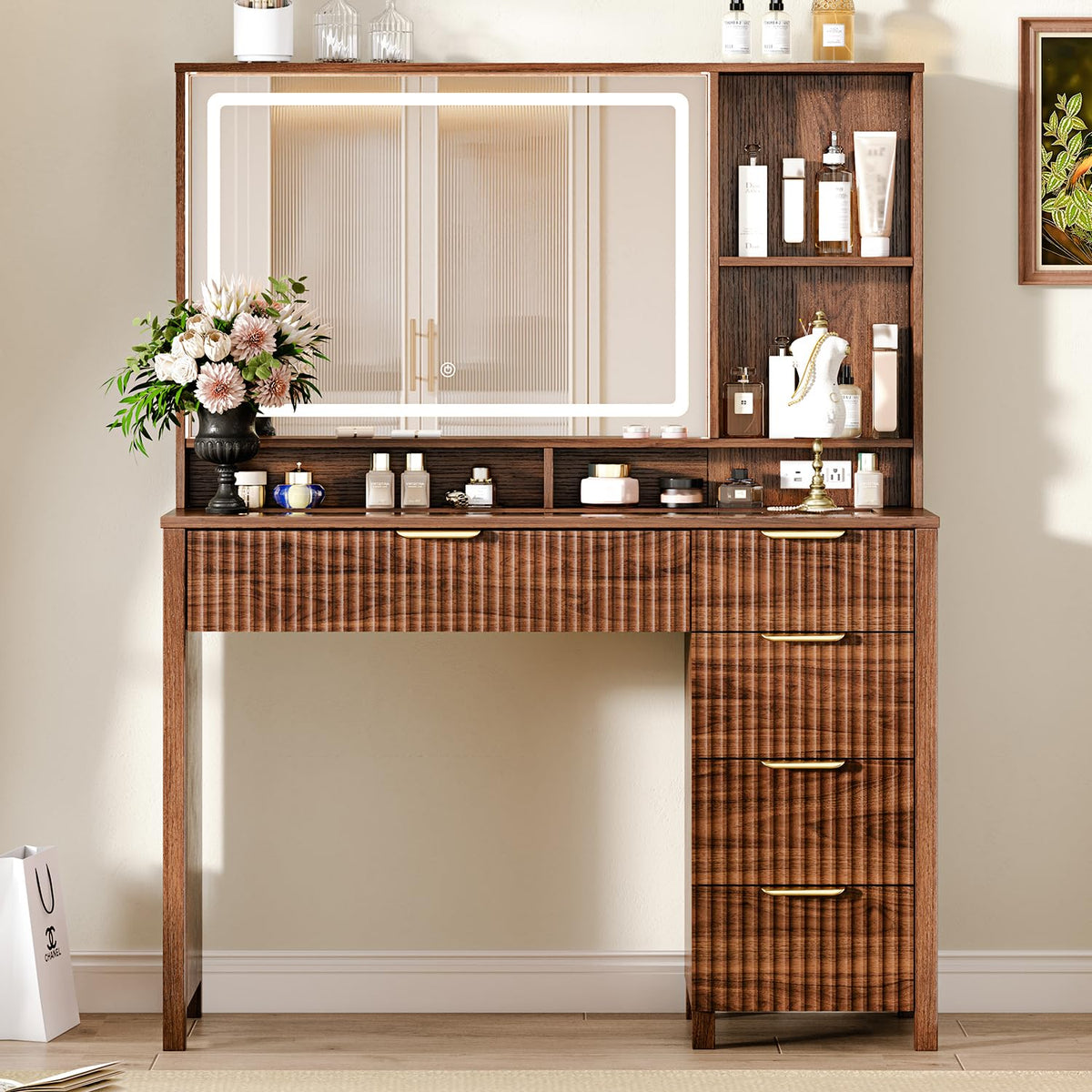 Chestnut Vanity Desk with Lighted Mirror