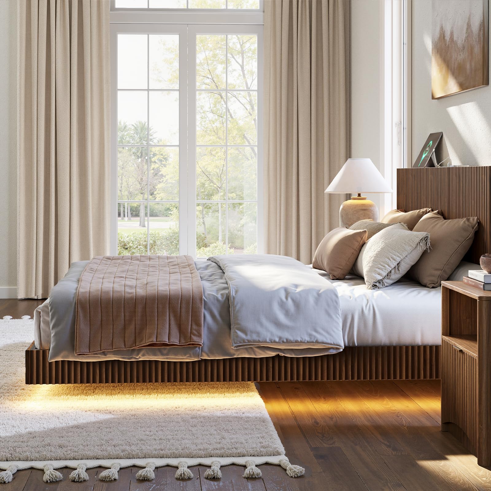Floating Bed Frame with LED Lights & Charging Station