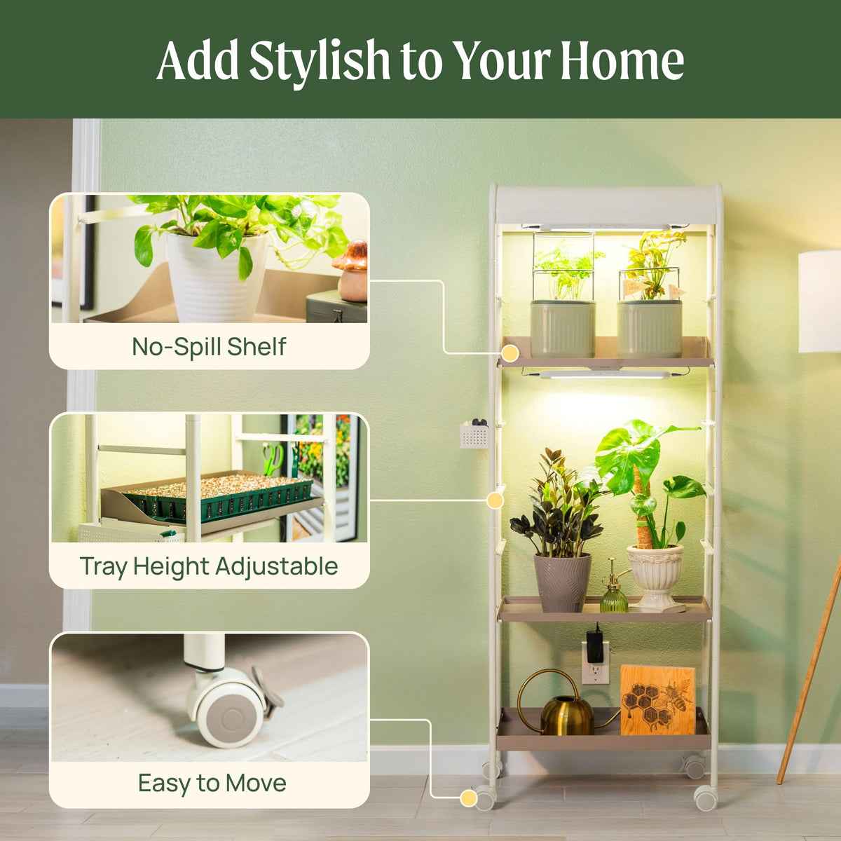 Vego garden 4 Tier Rolling Metal Corner Plant Stand Indoor with Grow Light, Display Shelf with Storage & Full Spectrum LED Grow Light, Plant Rack for Seed Starting, Leafy, Herbs, Fruits & Microgreens