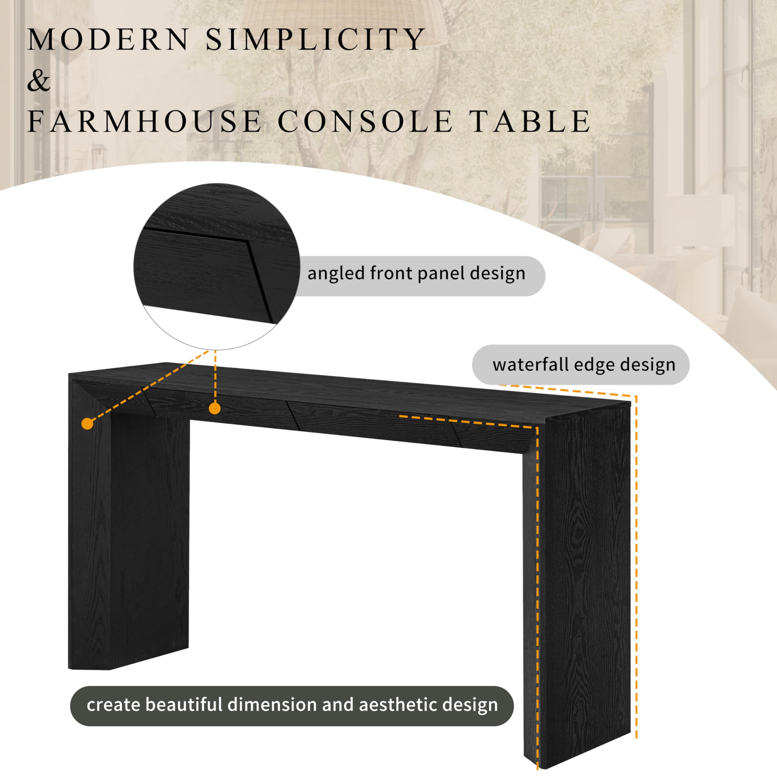LKTART 60" Modern Farmhouse Console Table with 2 Drawers, Sofa Table Behind Sofa, Wooden Entryway Table for Living Room, Entryway & Foye,Black