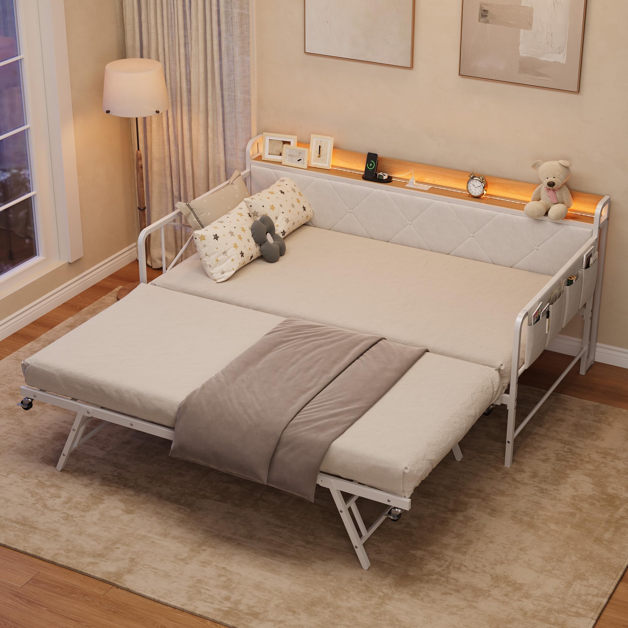 Twin Daybed with Trundle, LED Light & Charging Station