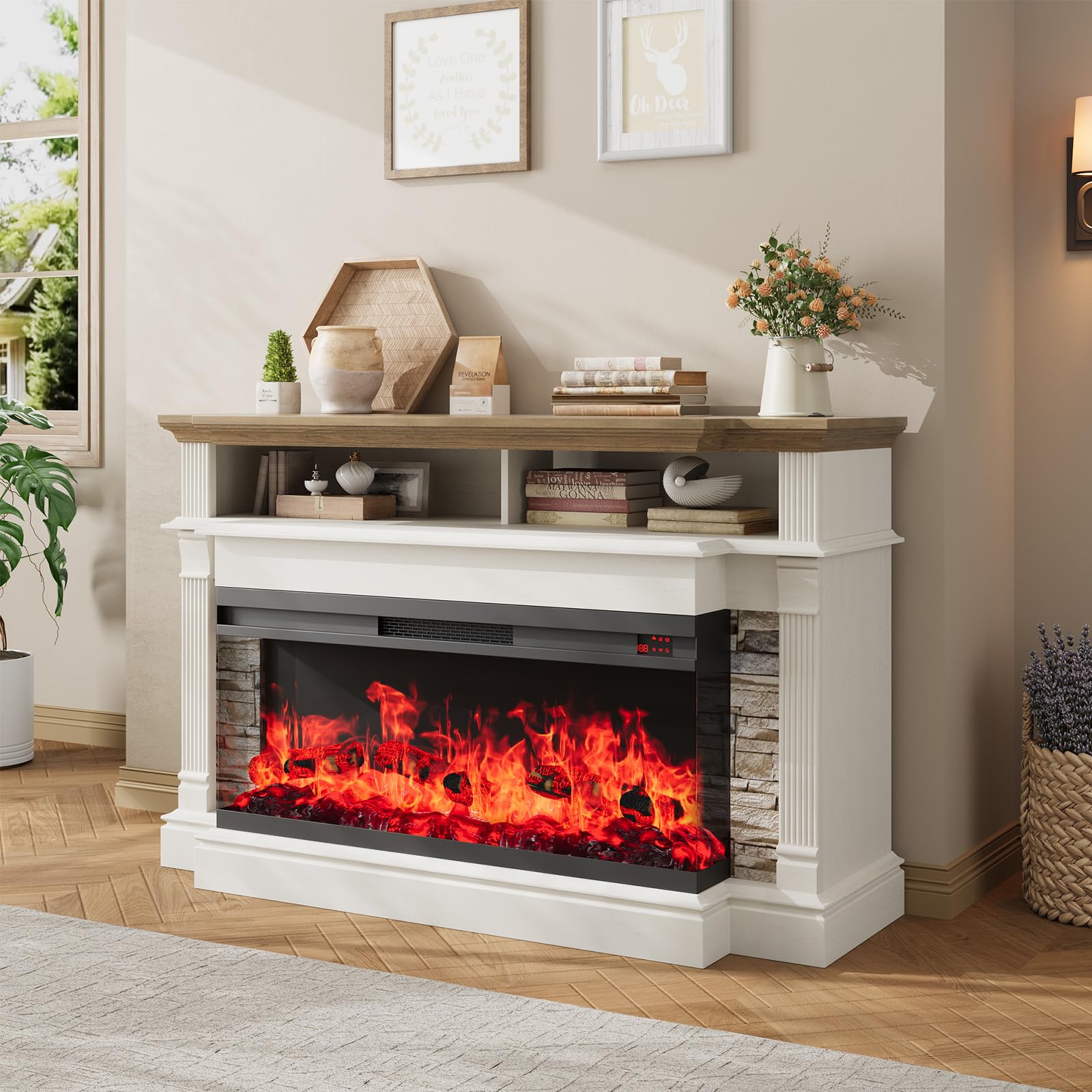 QUW Fireplace TV Stand for TVs up to 65", Farmhouse 52" Fireplace Entertainment Center with 36" 3-Side Glass Electric Fireplace, TV Console with Open Storage Shelves for Living Room, Antique White