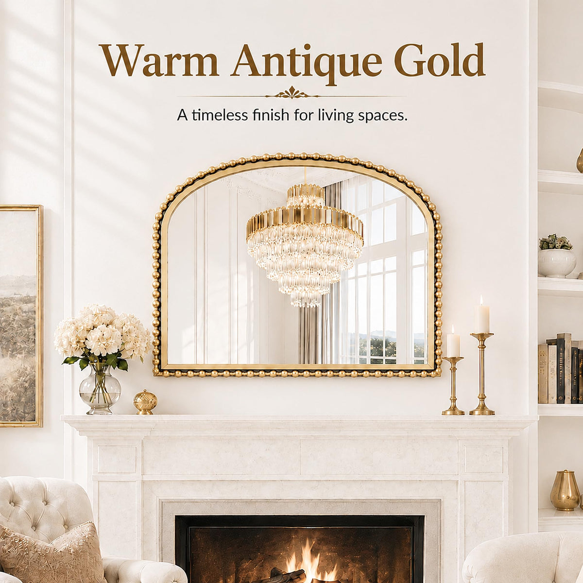 CAVINHOME 40"x30" Wide Arch Wall Mirror, Antique Gold Bold Beaded Frame