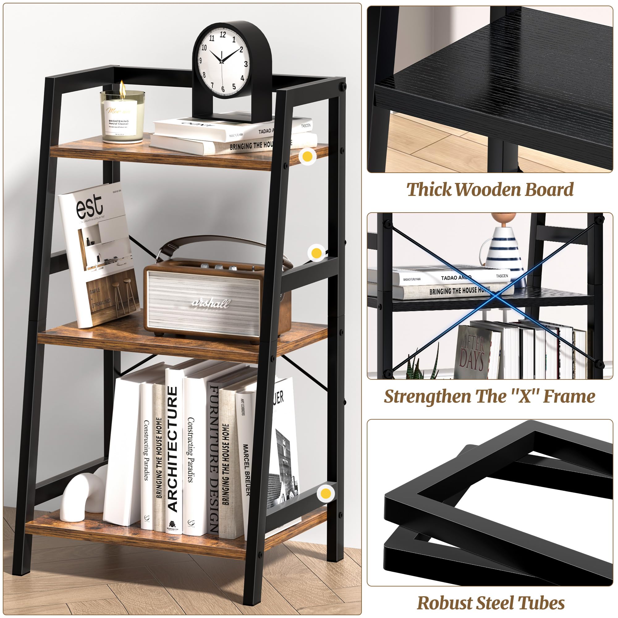 3-Tier Bookshelf, Ladder Shelf, Industrial Bookcase with Steel Frame, Metal Small Bookcase, stand up shelves for Living Room, Home Office, Kitchen, Bedroom, Industrial Style（Rustic Brown & Black）