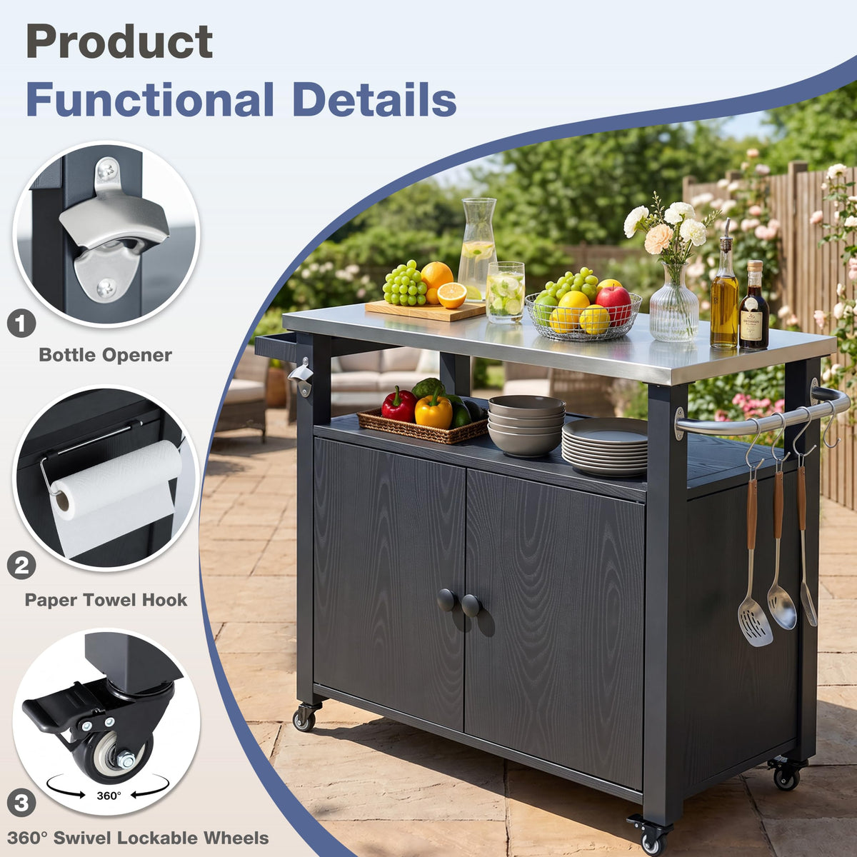 COMLAX FIELD Outdoor Grill Cart with Storage and Stainless Steel Top, Black