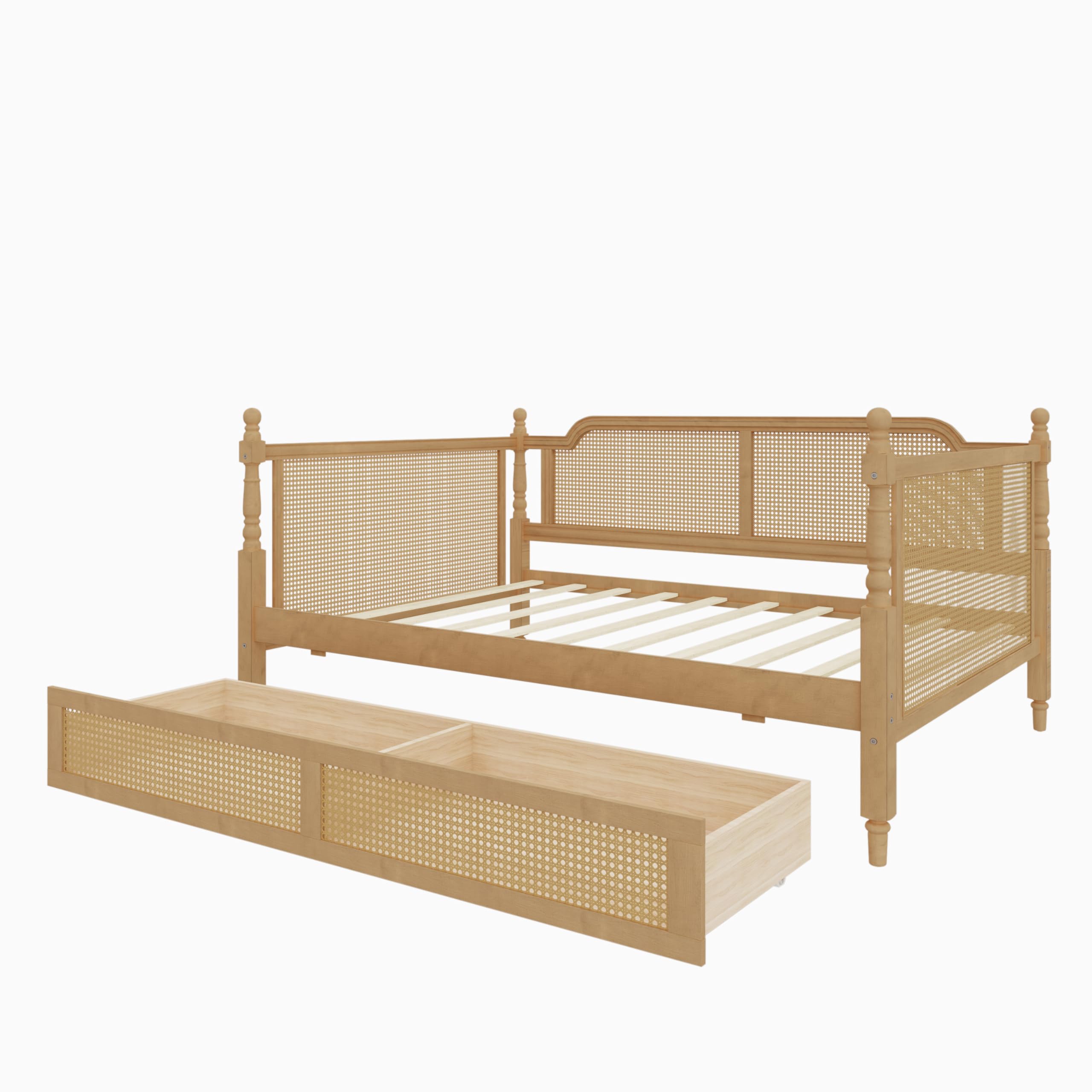 SOFTSEA Rattan Full Daybed with Storage Drawers, Traditional Boho Daybed with Wood Slats Support for Living Room Bedroom, No Box Spring Needed, Easy Assembly, Antique Walnut