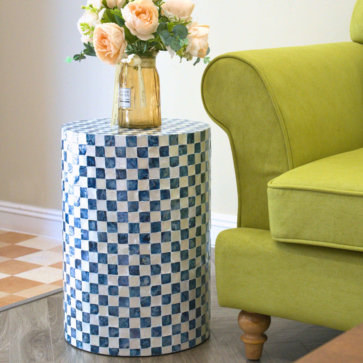 Checkered Capiz Drum Side Table