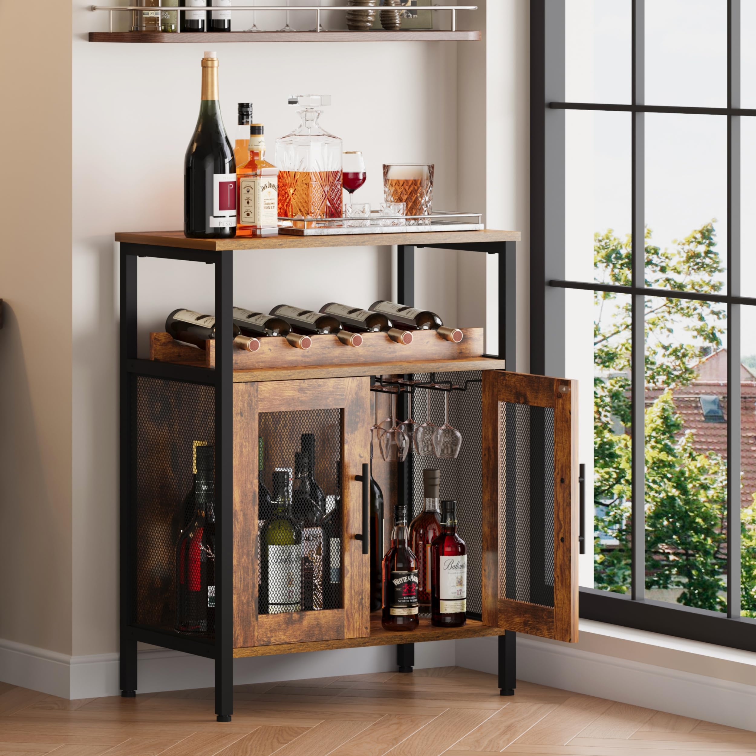Wine Bar Cabinet with Detachable Wine Rack, Glass Holder & Mesh Door