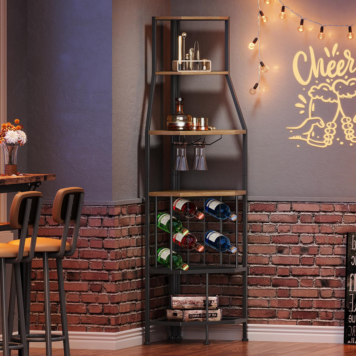 5-Tier Corner Wine Rack with Glass Holder, Floorstanding Wine Storage