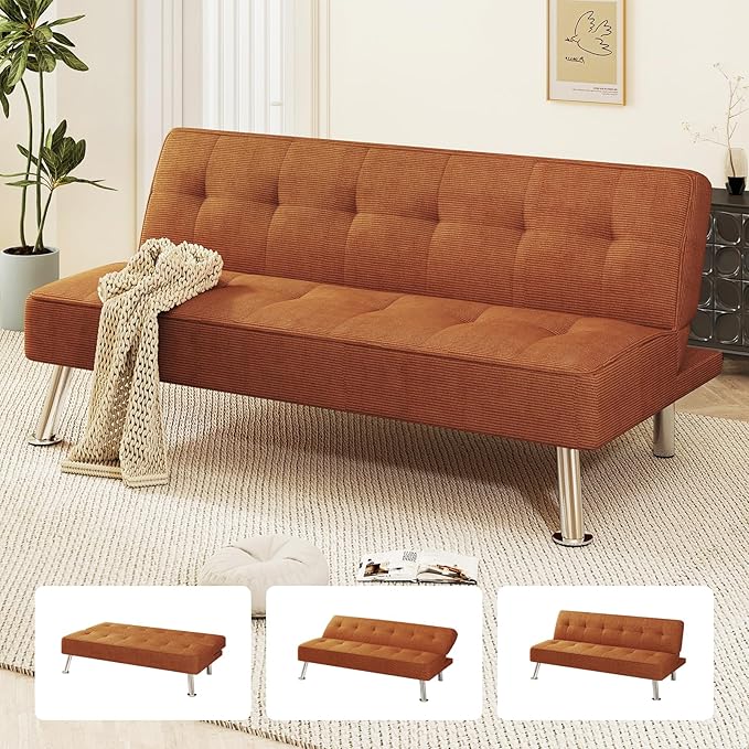 Convertible Futon Sofa Bed – Corduroy, 3-Position Adjustable Backrest