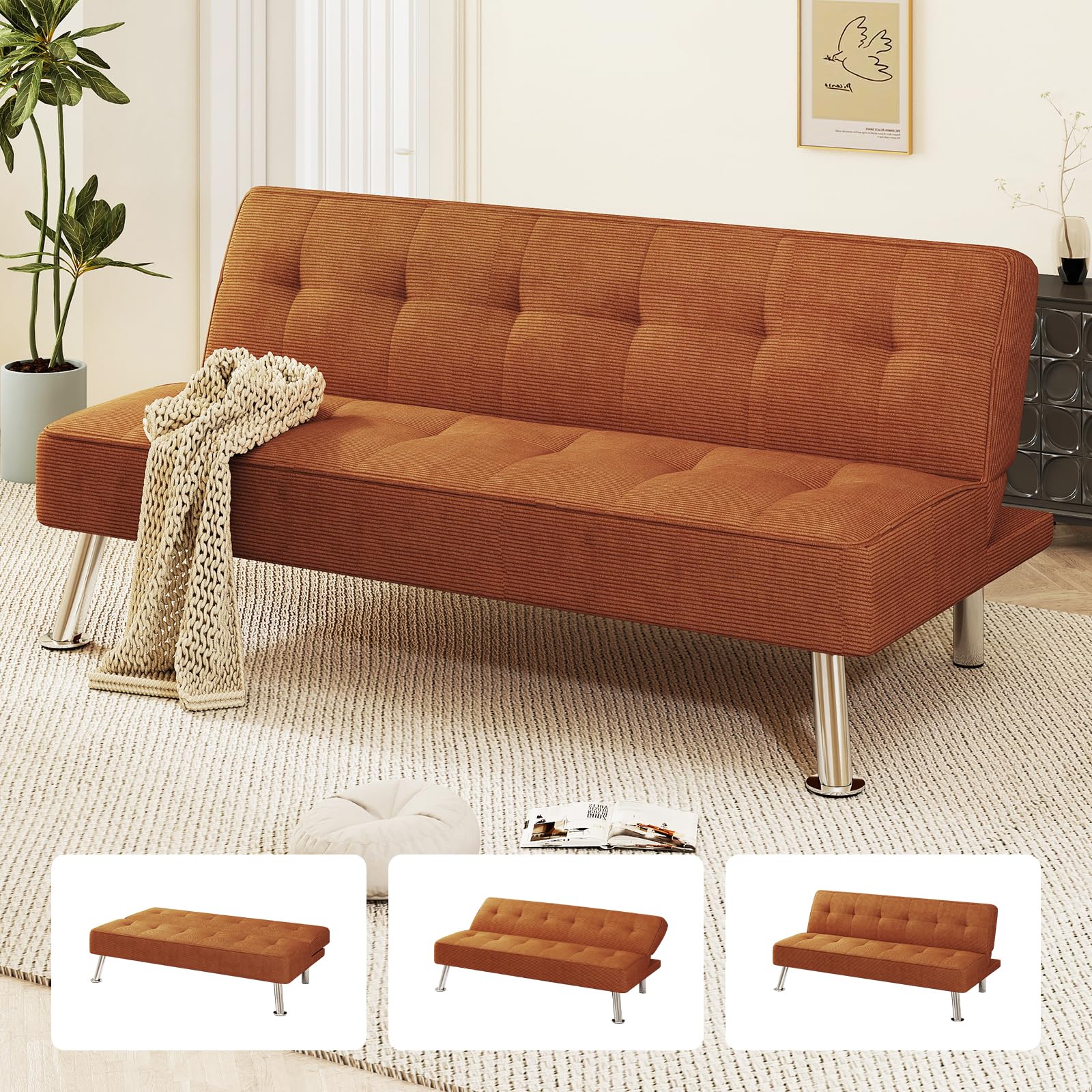 Furnimart Futon Sofa Bed, 66" Corduroy Convertible Futon Couch with 3-Position Adjustable Backrest, Solid Wood Frame Sleeper Sofa for Small Space, Living Room, Apartment, Office, Burnt Orange