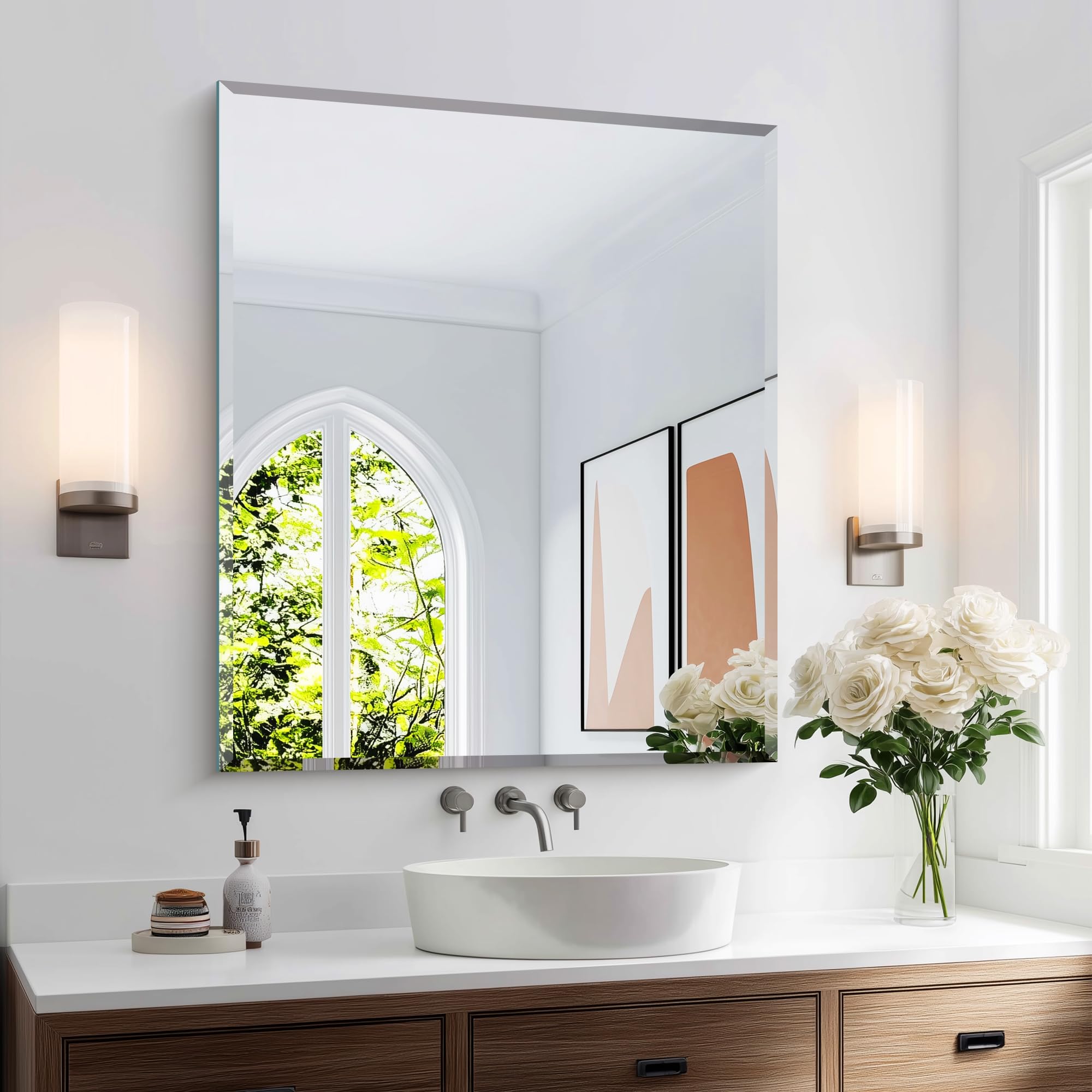 KOCUUY Beveled Mirror, 36x30 Inch Frameless Bathroom Mirror for Over Sink, Upgraded Shatterproof Beveled Unframed Design Mirror for Bathroom, Bedroom, Hang Horizontal/Vertical
