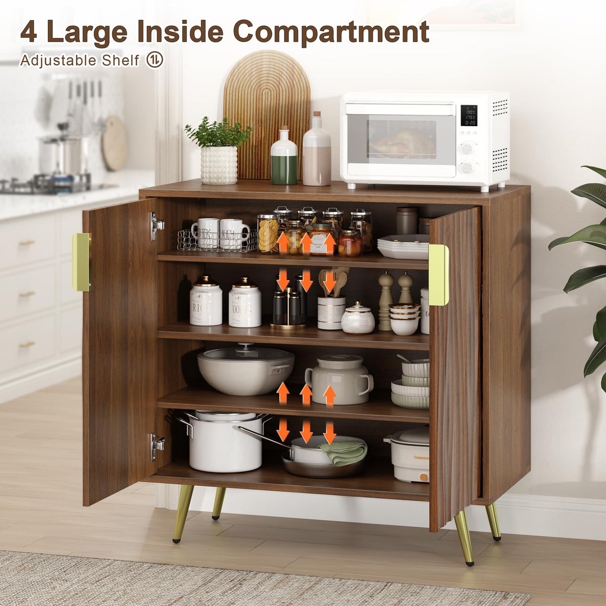 Dorivibe Sideboard Buffet Cabinet, 31.5" Walnut Storage Cabinet, Water Ripple Doors, 4-Tier Adjustable Shelves, 15.6" Deep Mid-Century Accent Cabinet for Dining Room, Living Room, Entryway