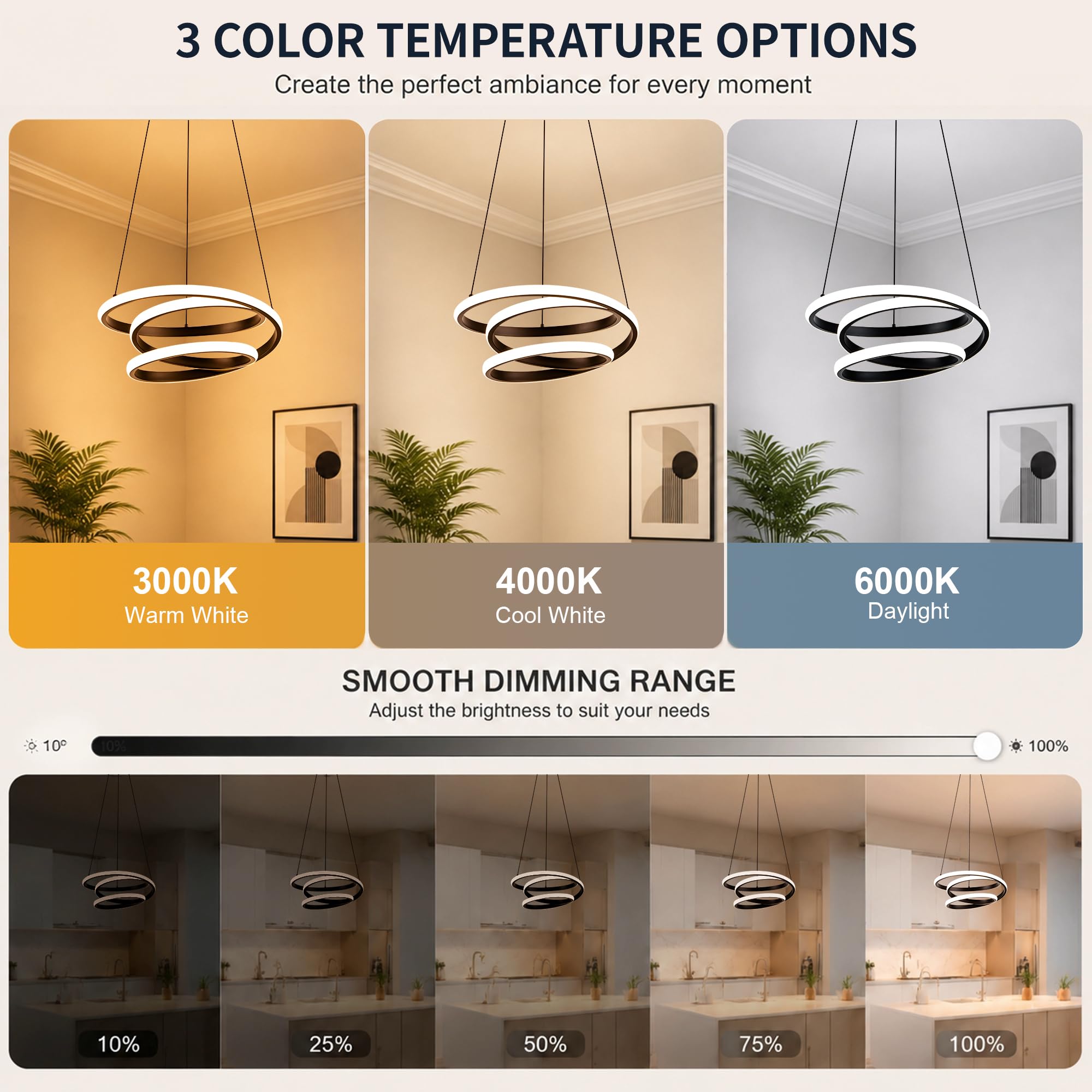 Mayful 13.78 inches Black Modern Chandelier with Remote Control, 3 Rings 3-Color Dimmable Led Chandeliers, Height Adjustable Living Room Chandelier for Dining Room, Entrance, Foyer