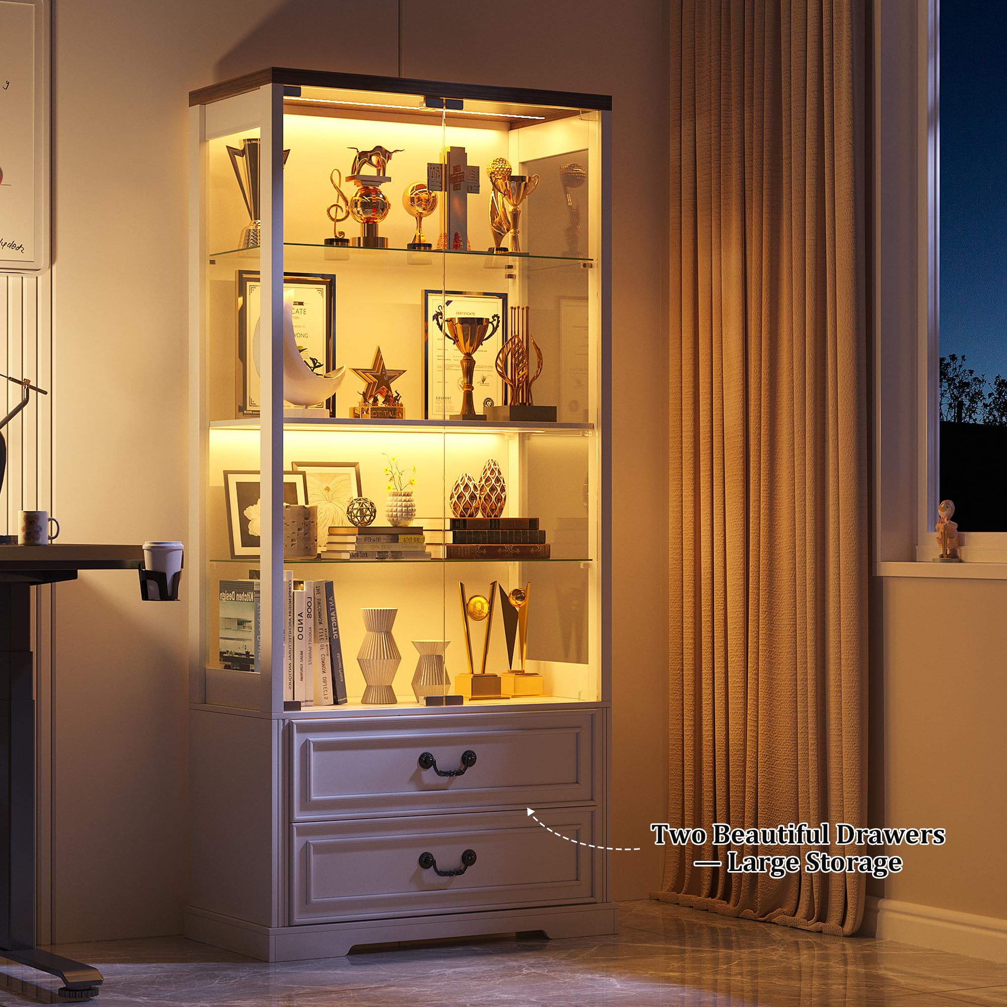 4-Tier Glass Display Cabinet with 2 Drawers, Tri-Color LED Sensor Lights & Pop-Up Door – 67"