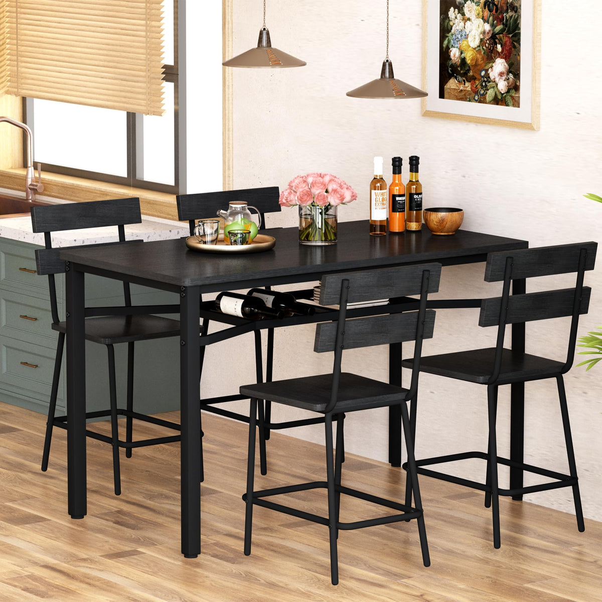 Hooseng 5-Piece Dining Table Set for 4, Counter Height Kitchen Table Chairs Set with Storage, Modern Small Dining Room Set, Space-Saving Dinette Set for Pub, Breakfast Nook, Apartment