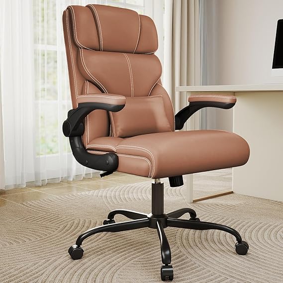 Mid-High Back Leather Office Chair with Flip-Up Armrests