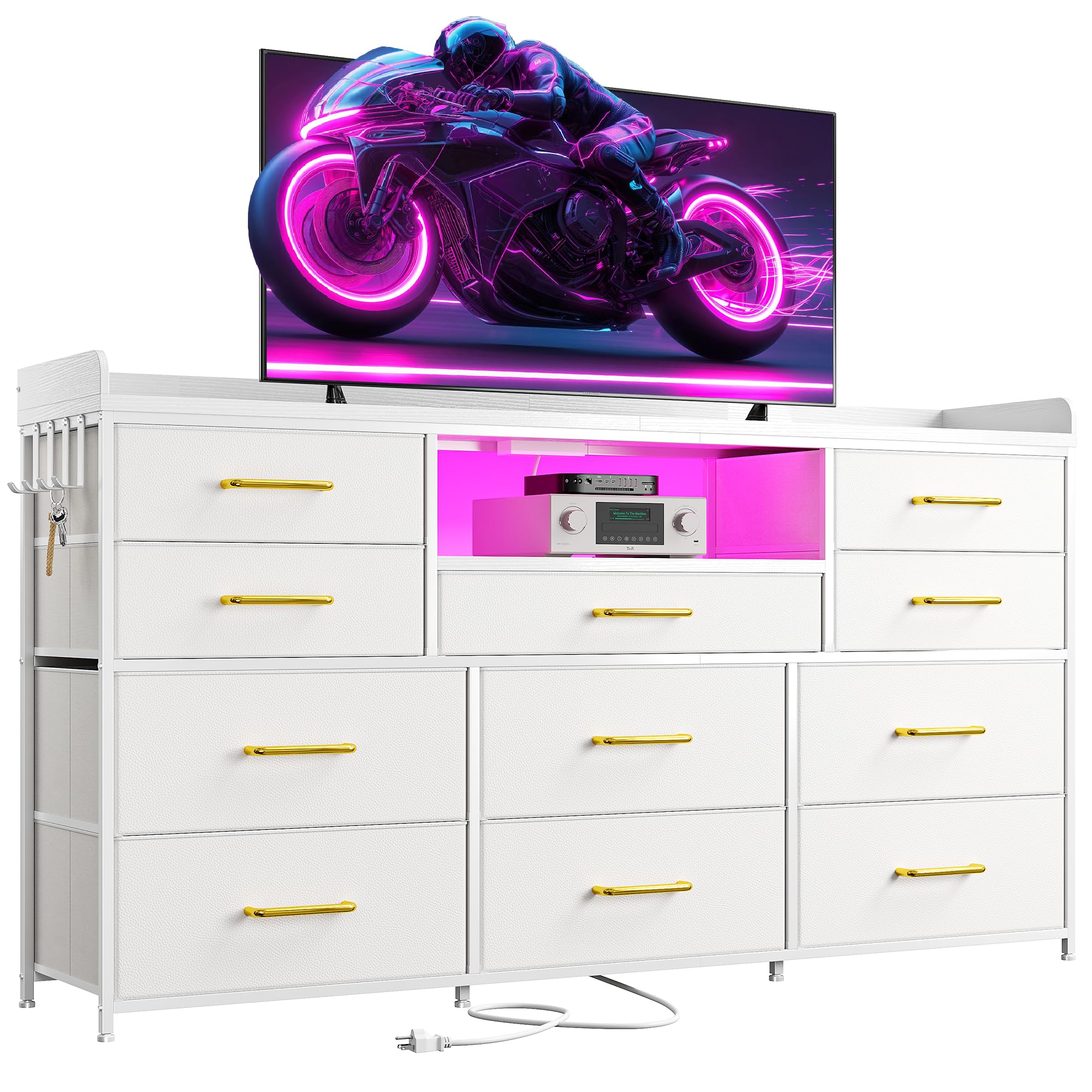 EnHomee Dresser TV Stand with 11 Drawers, 60" TV Stand with LED Lights & Power Outlets, White Dresser for Bedroom with Shelves & 5 Hooks for Dorm, Hallway