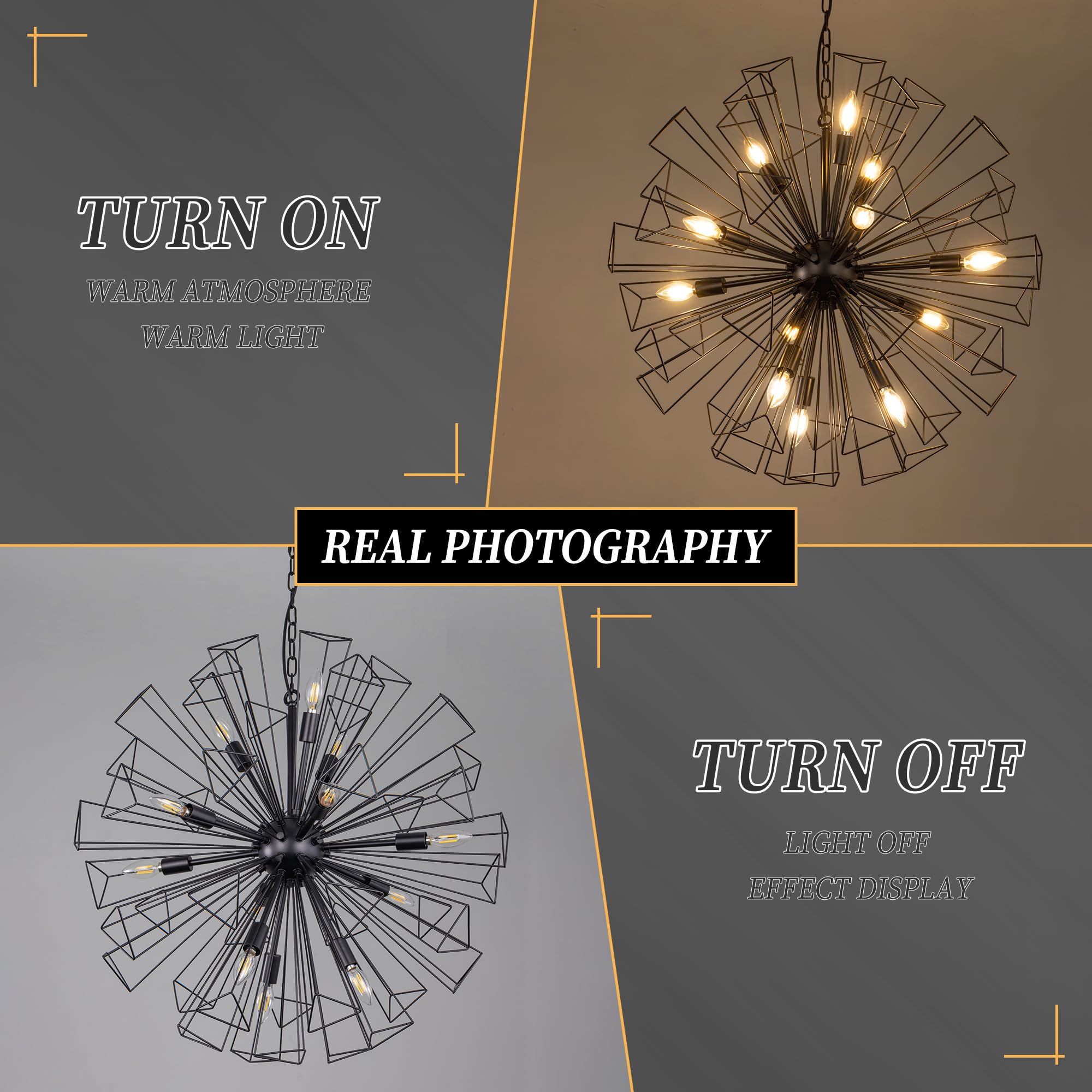 Wellmet Black Sputnik Chandelier, Modern Black Pendant Light, 12-Light Geometric Lighting Fixture, for Living Room, Bedroom, Dining Room, Kitchen, Hallway, Office, Store, Café