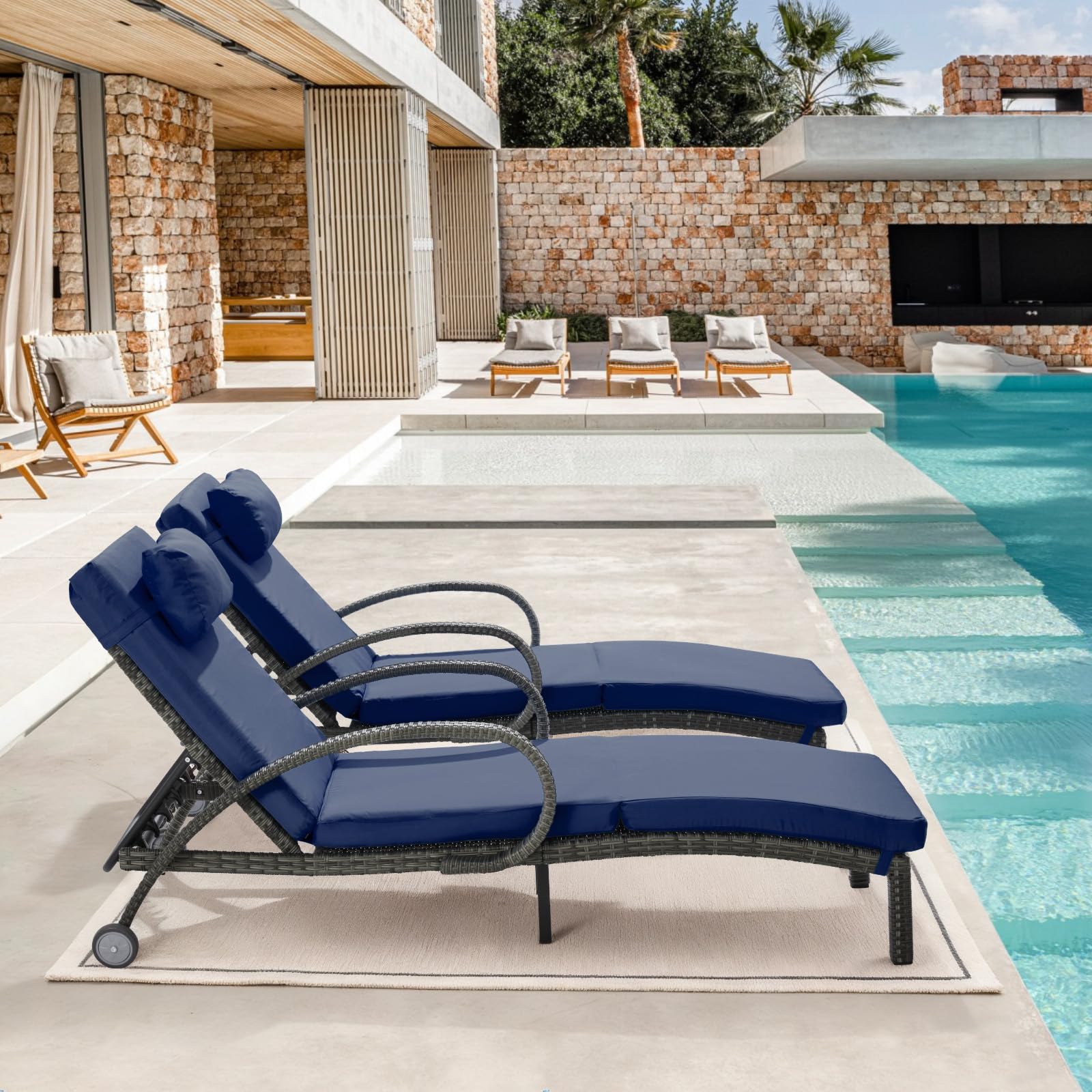 Outdoor Wicker Chaise Lounge Set of 2 with Adjustable Backrest & Wheels