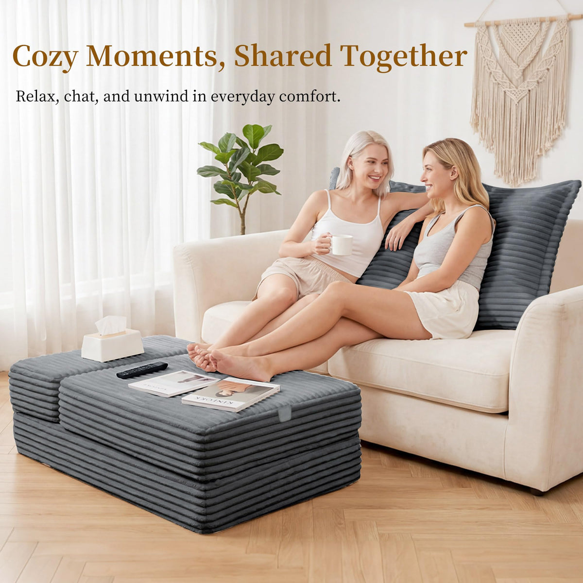 BALAPET Foldable Corduroy Boneless Ottoman, Convertible Folding Sofa Bed