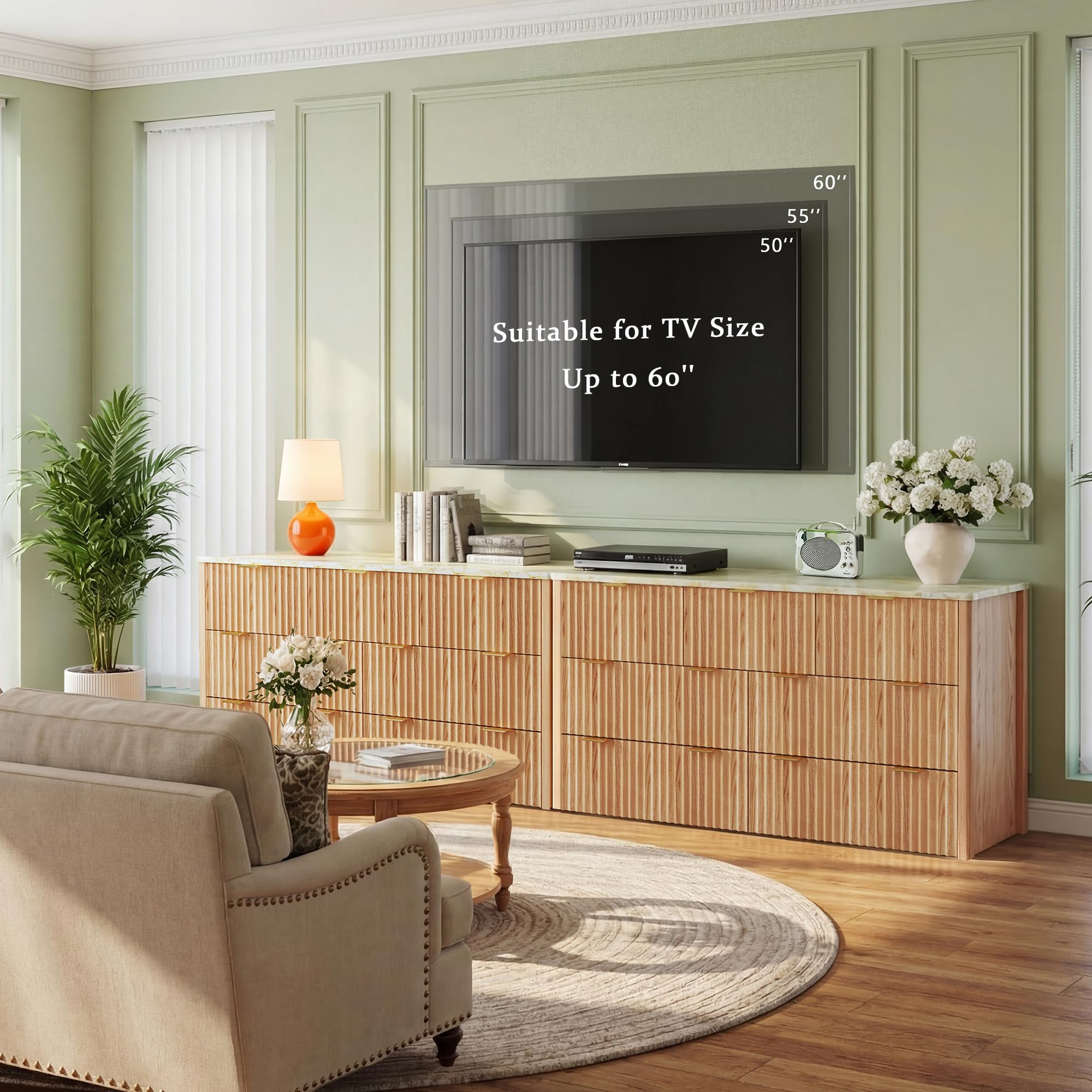 HUAHUU Fluted Dresser for Bedroom with 7 Drawers, 53" Wide Mid Century Modern Dressers with Faux Marble Top & Metal Handle, Wooden Chest of Drawers TV Stand, Natural Oak