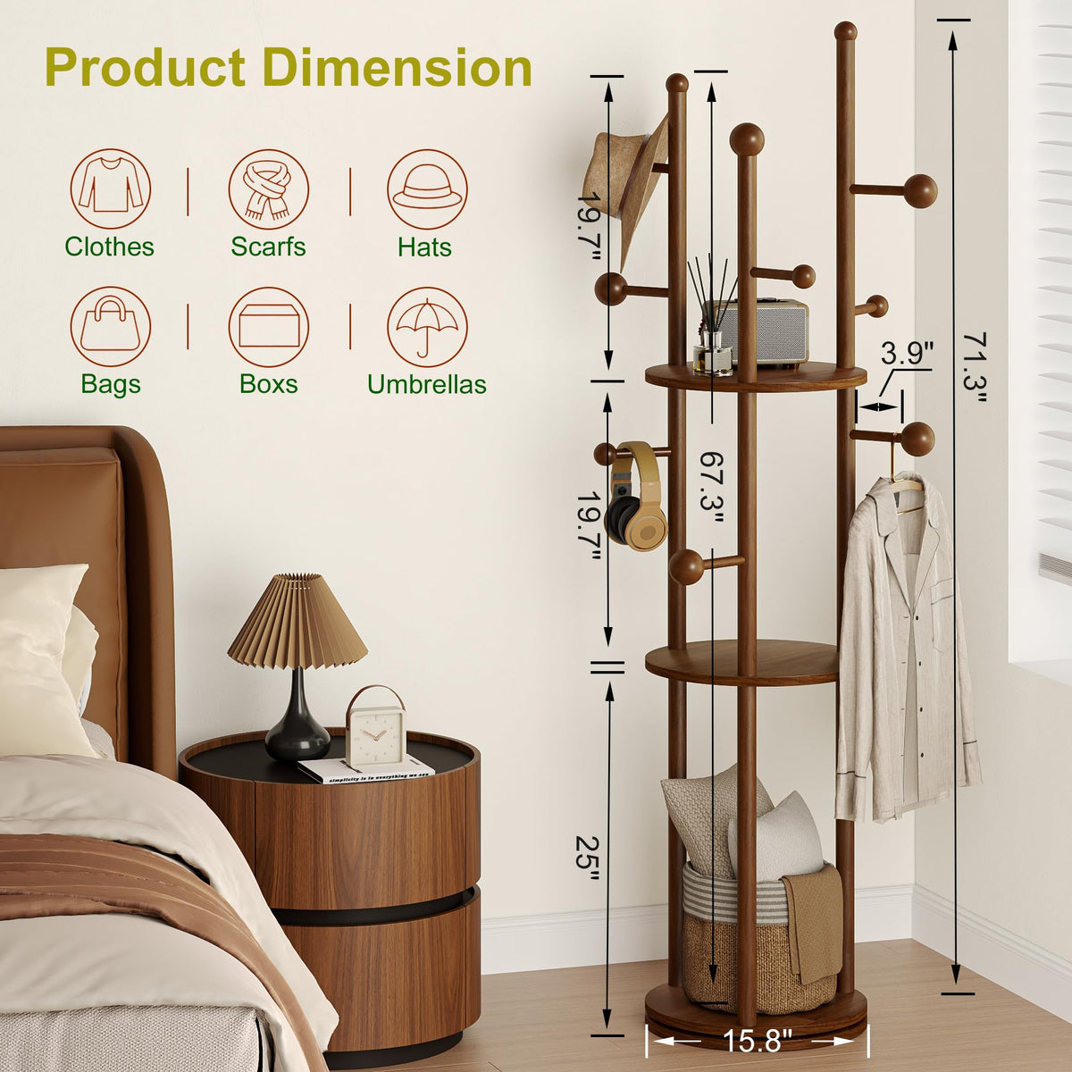Rotating Wood Coat Rack with Shelves