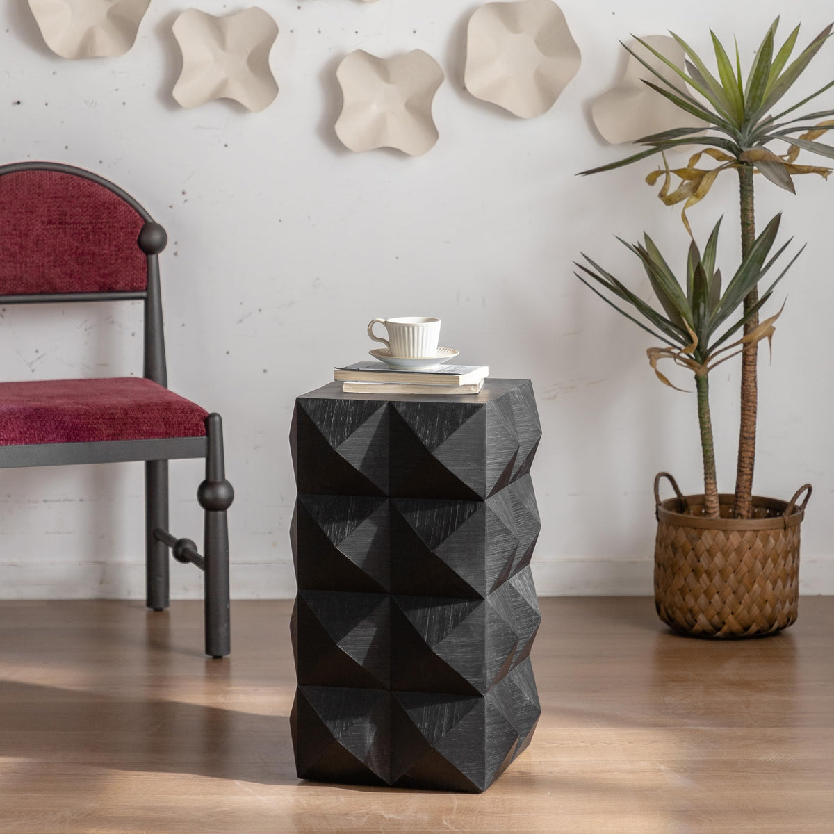 Black Wood Relief Side Table