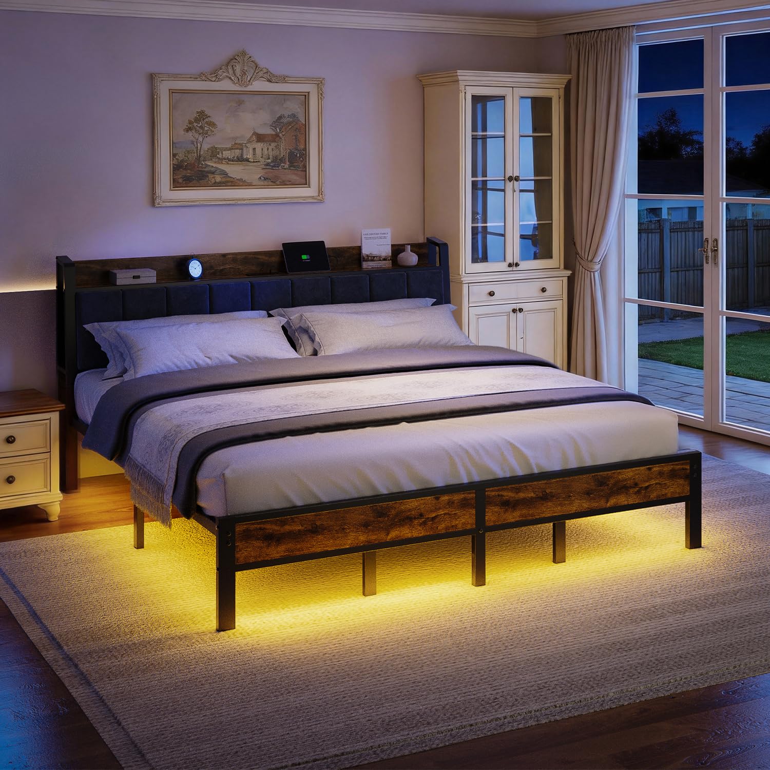 King Size Bed Frame with USB Charging Station, Storage Headboard with Smart LED Lights, Metal Platform Bed Noise Free, No Box Spring Needed, Easy Assembly
